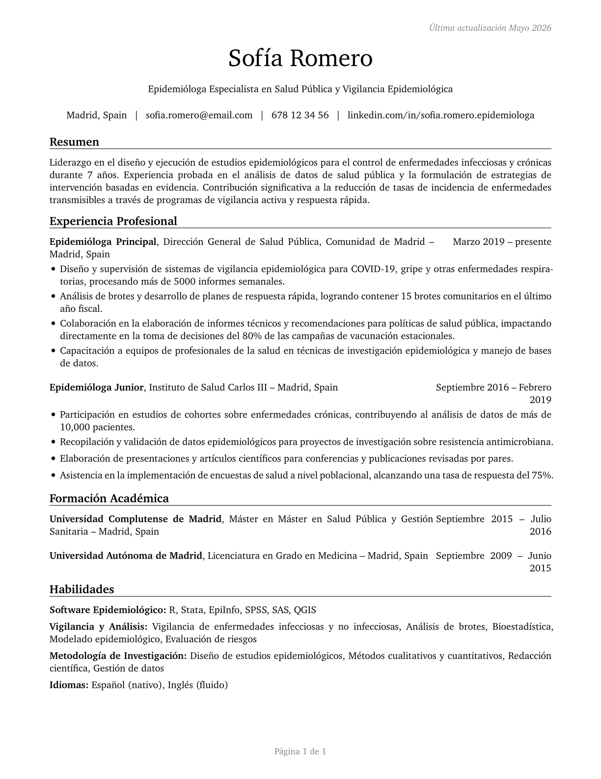 Epidemiologists CV in Spanish — page 1