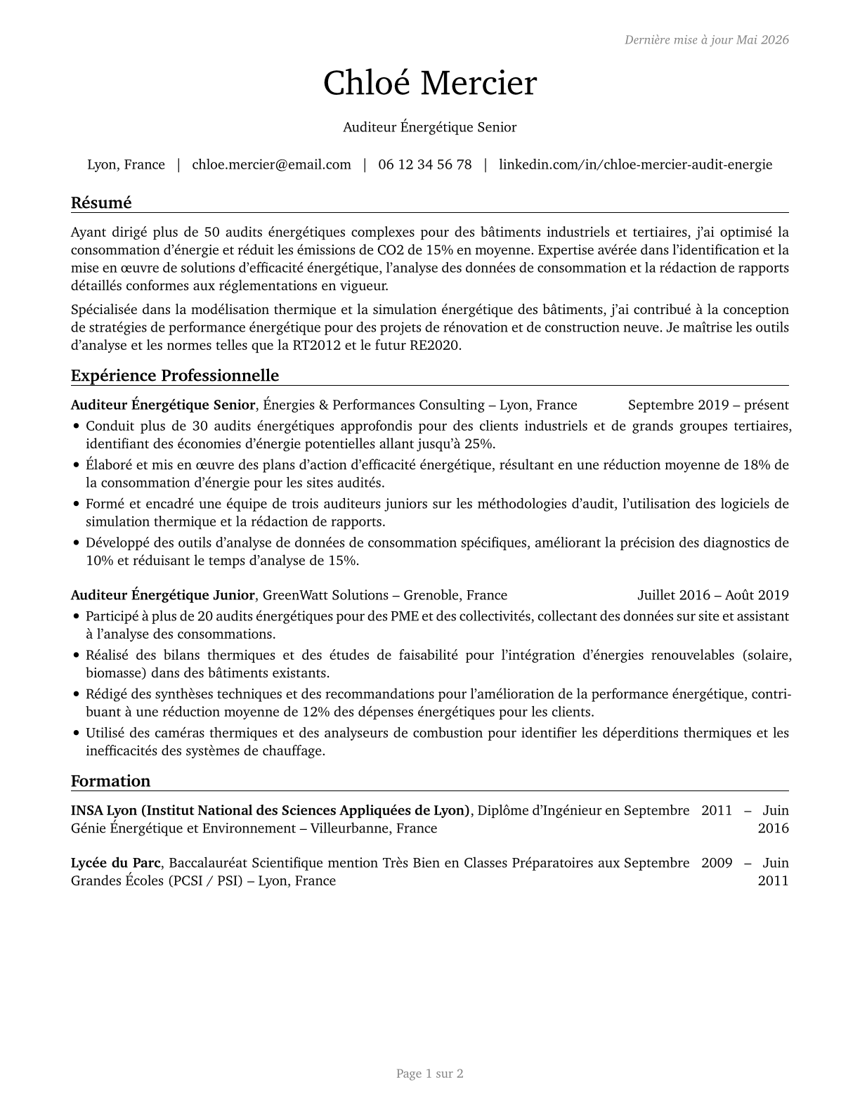 Energy Auditors CV in French — page 1