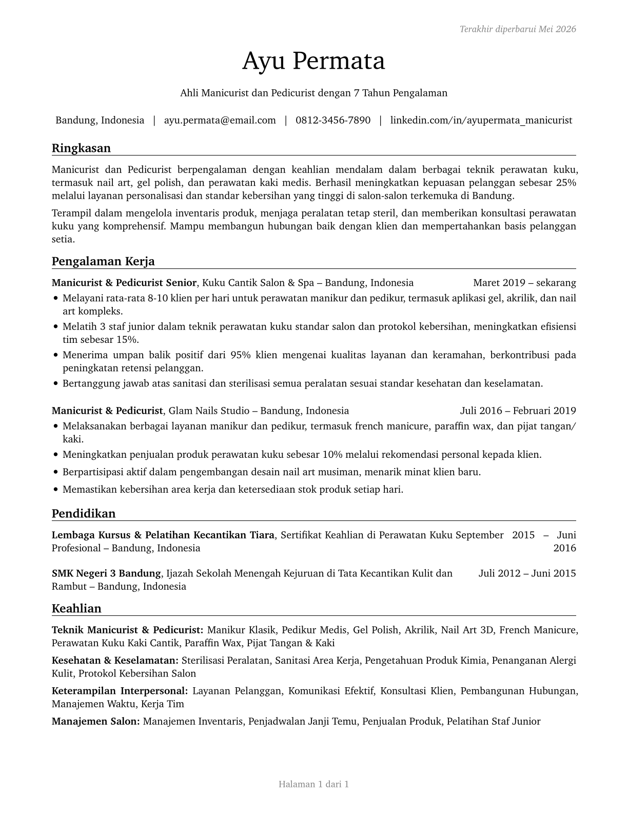 Manicurists and Pedicurists CV in Indonesian — page 1