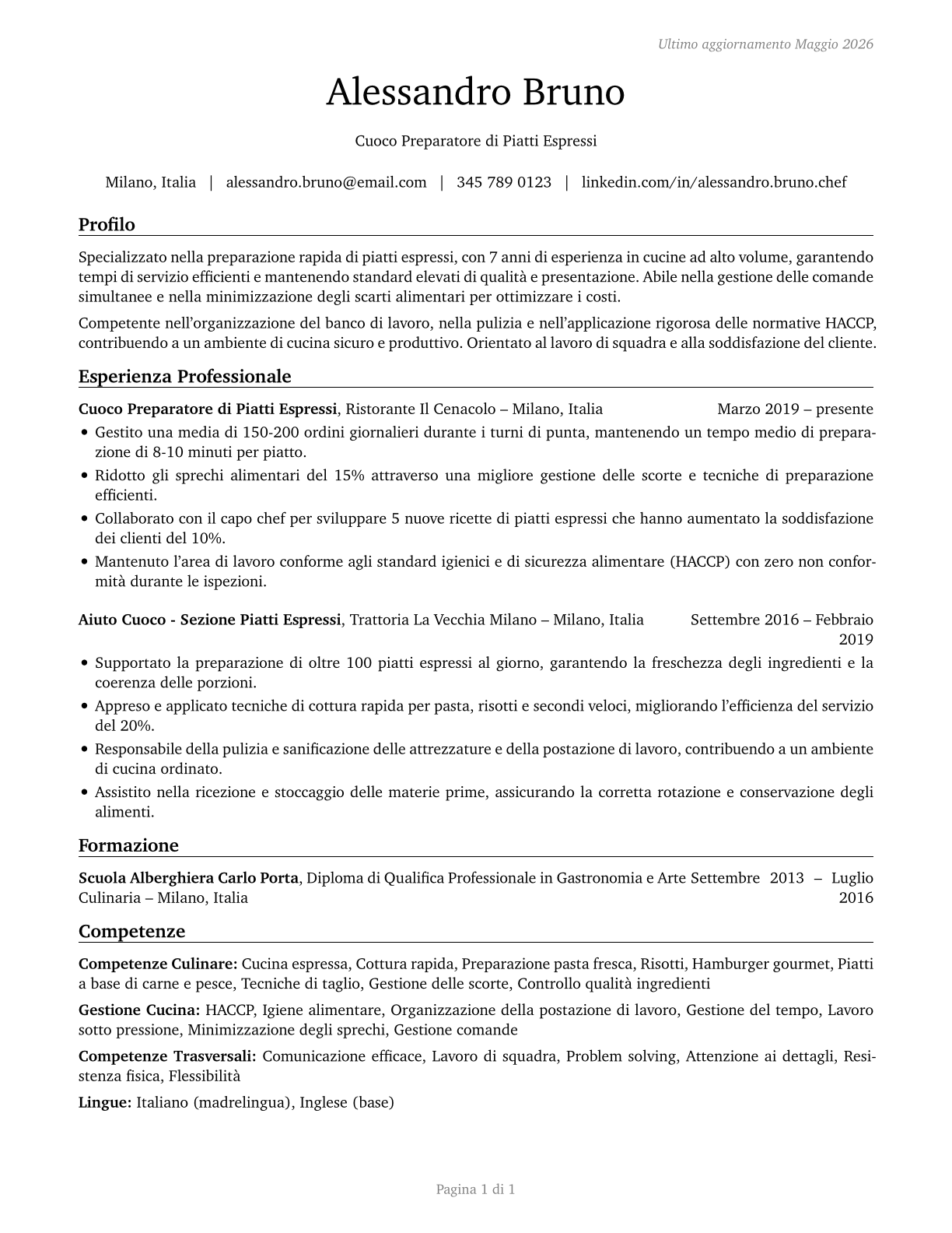 Cooks, Short Order CV in Italian — page 1