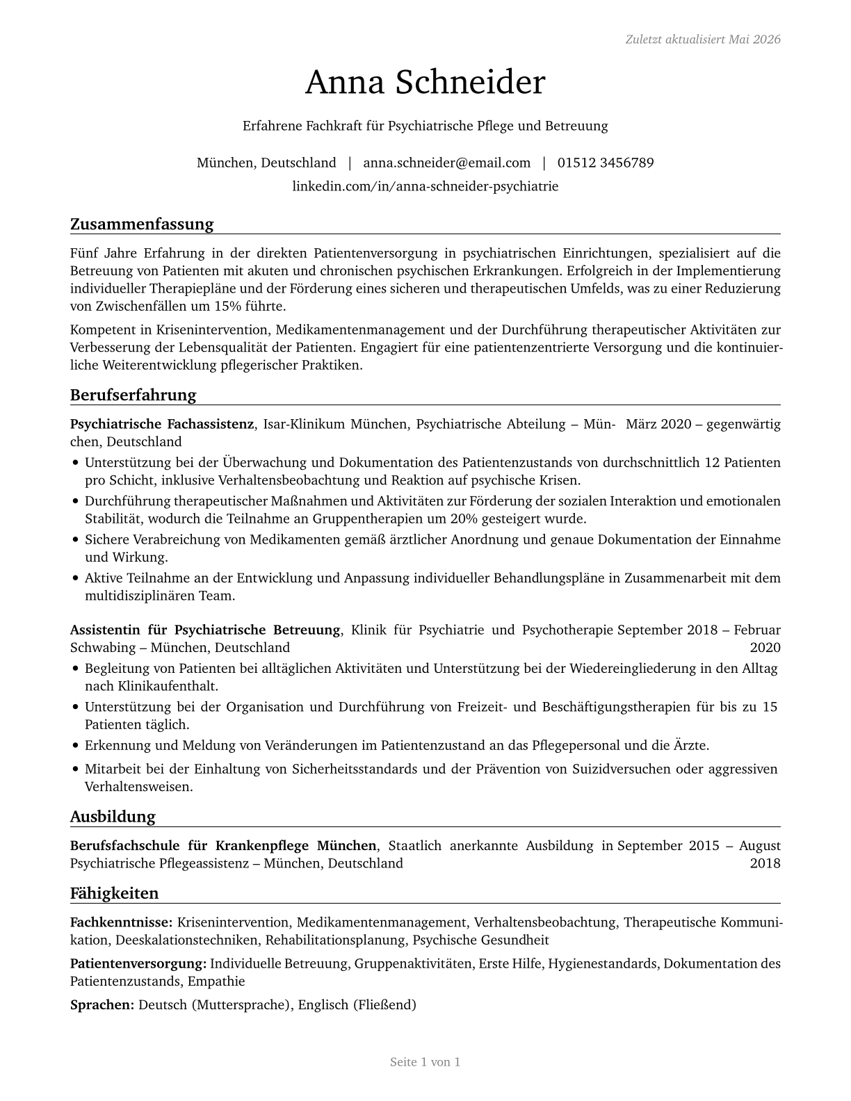 Psychiatric Technicians CV in German — page 1