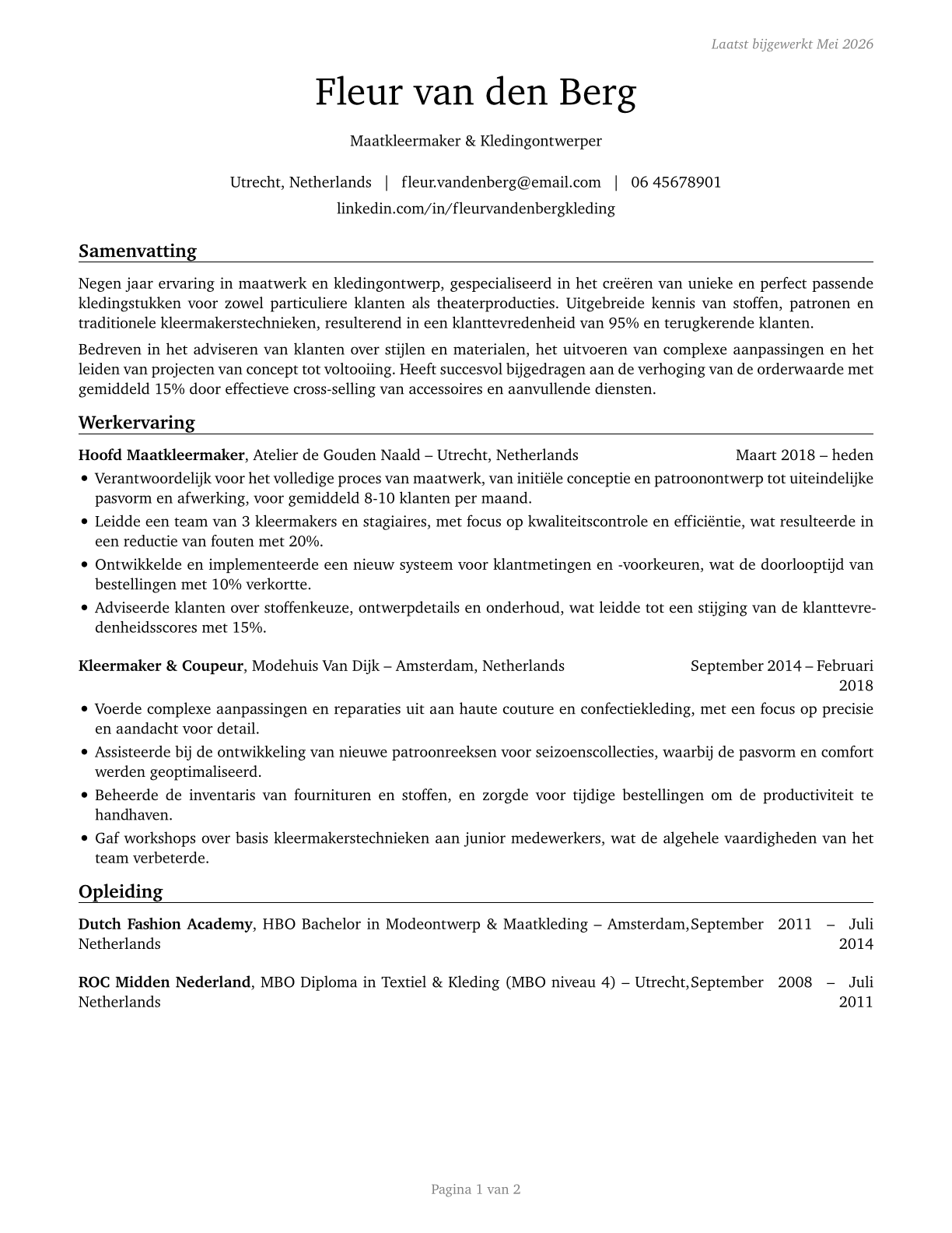 Tailors, Dressmakers, and Custom Sewers CV in Dutch — page 1