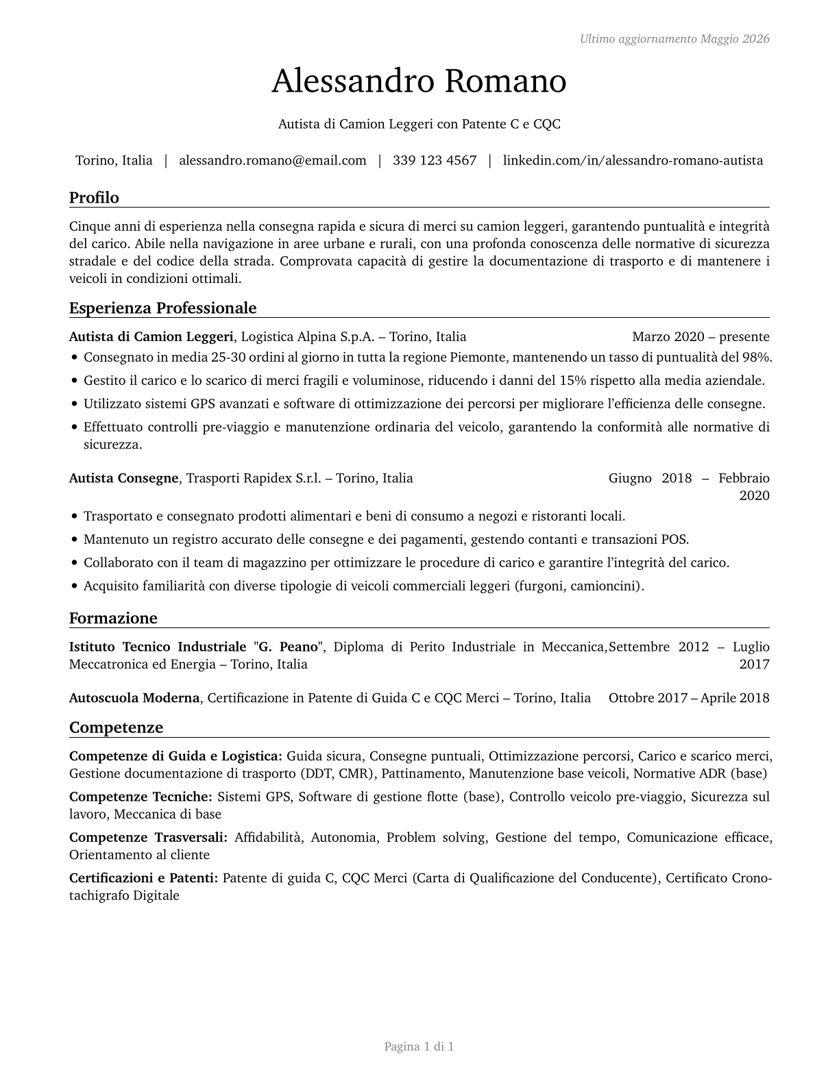 Light Truck Drivers CV in Italian — page 1
