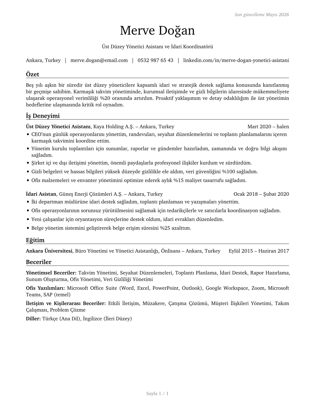 Executive Secretaries and Executive Administrative Assistants CV in Turkish — page 1