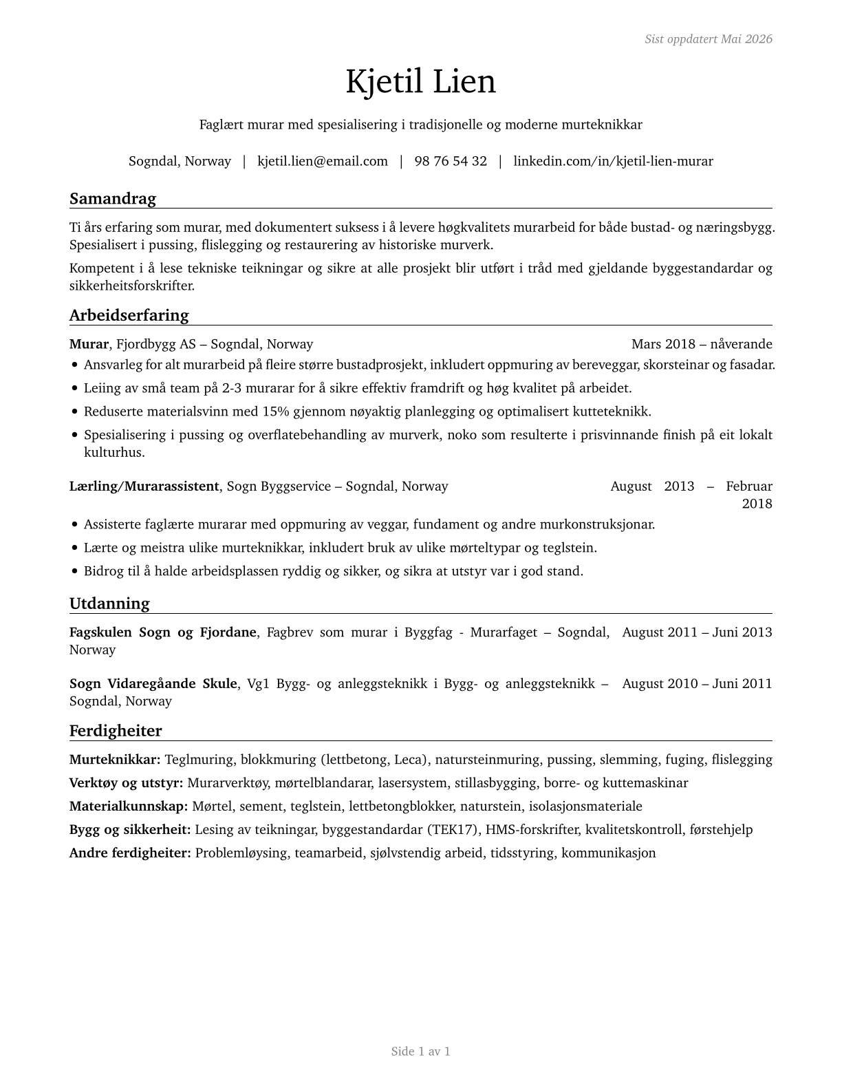 Brickmasons and Blockmasons CV in Norwegian_nynorsk — page 1