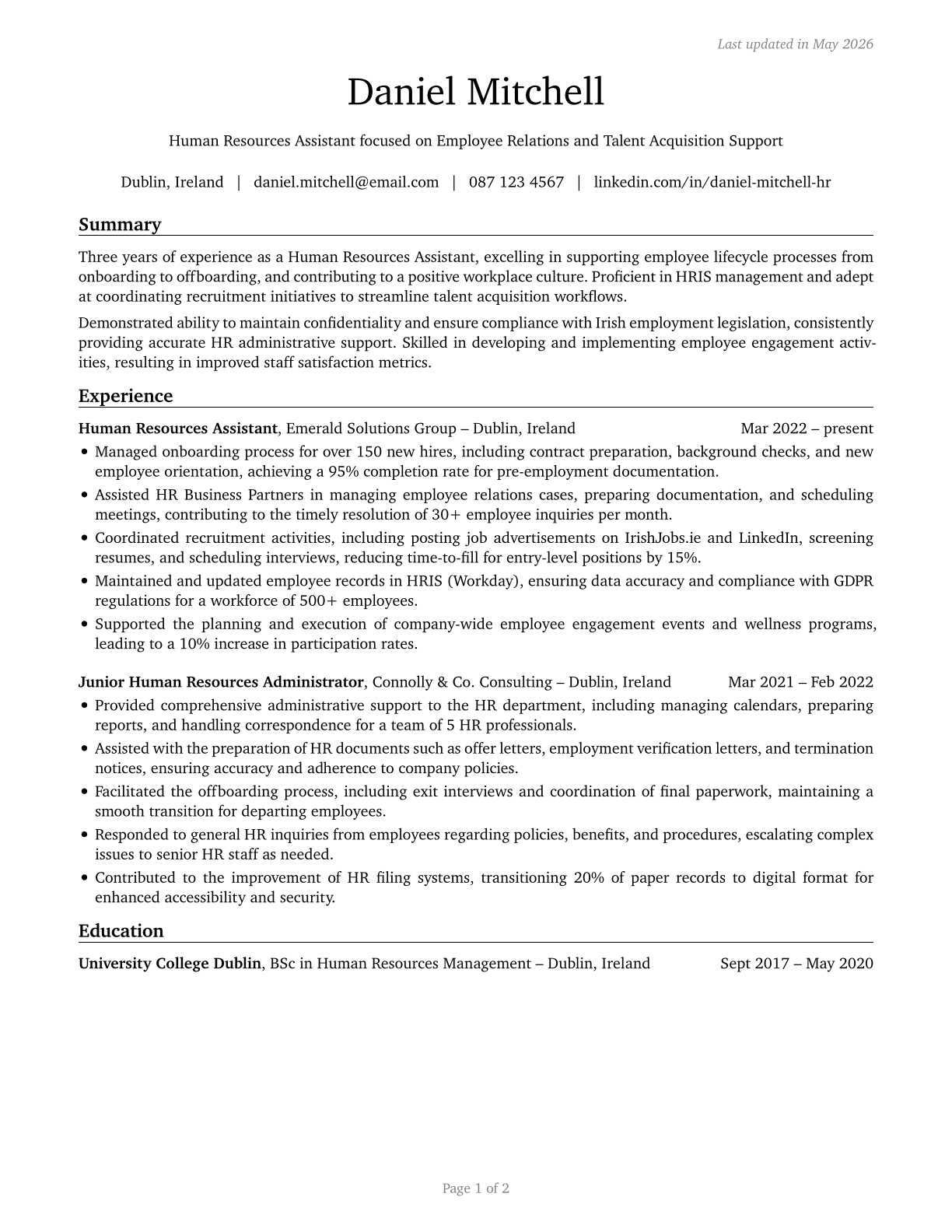 Human Resources Assistants, Except Payroll and Timekeeping CV in English — page 1