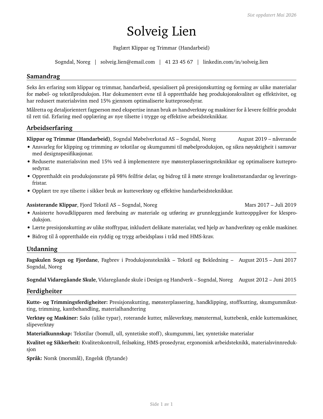 Cutters and Trimmers, Hand CV in Norwegian_nynorsk — page 1