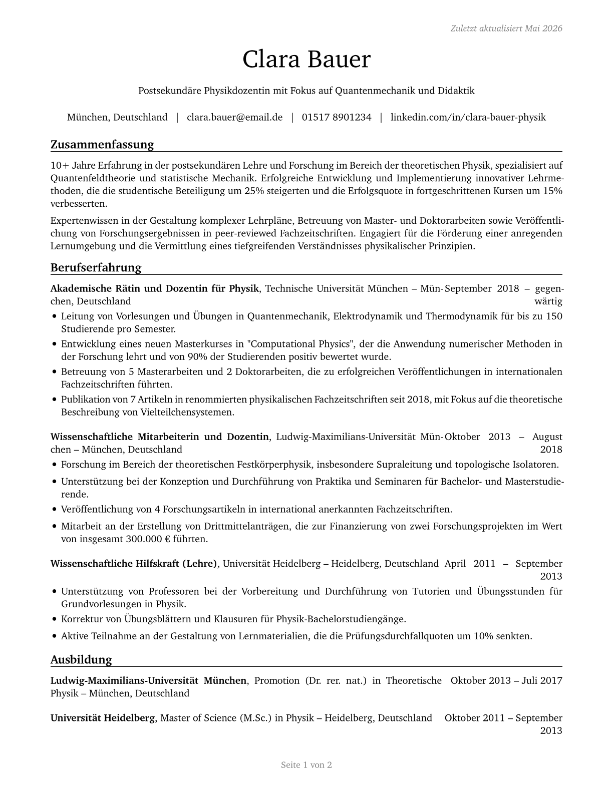Physics Teachers, Postsecondary CV in German — page 1