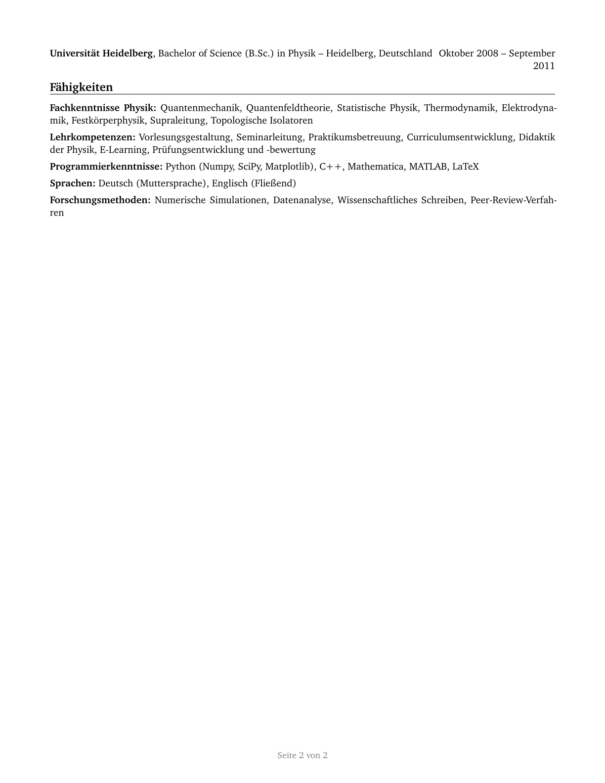 Physics Teachers, Postsecondary CV in German — page 2