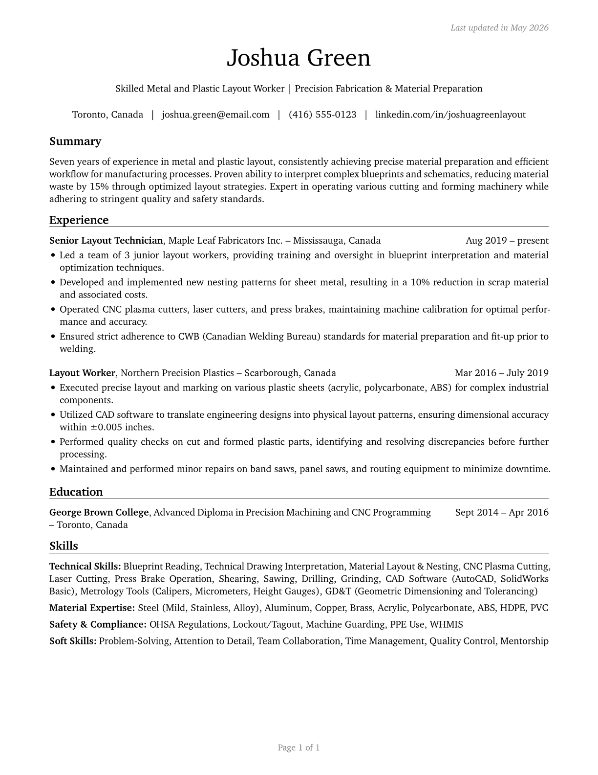 Layout Workers, Metal and Plastic CV in English — page 1