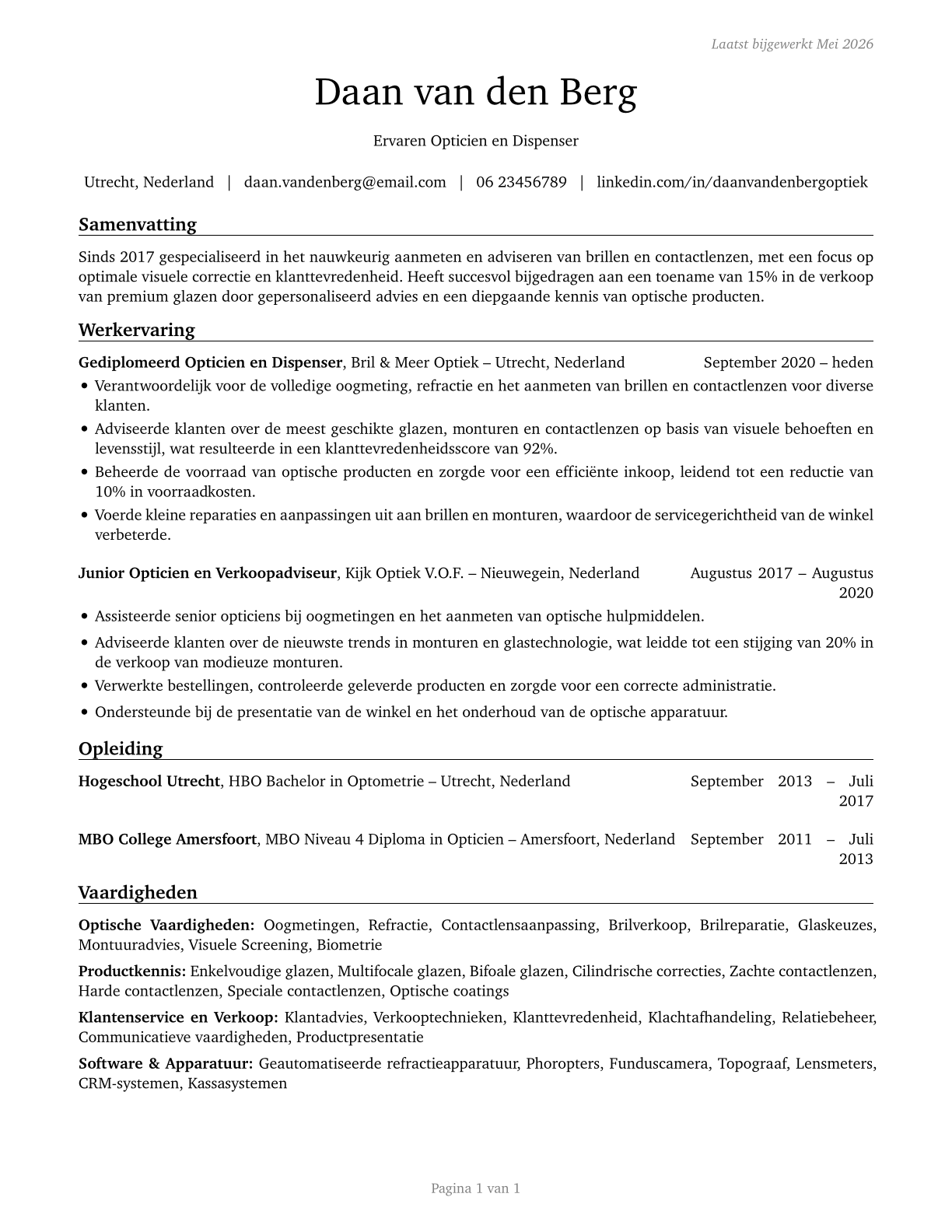 Opticians, Dispensing CV in Dutch — page 1