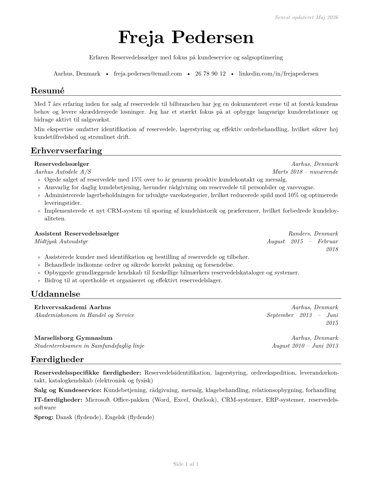 Parts Salespersons CV in Danish — page 1