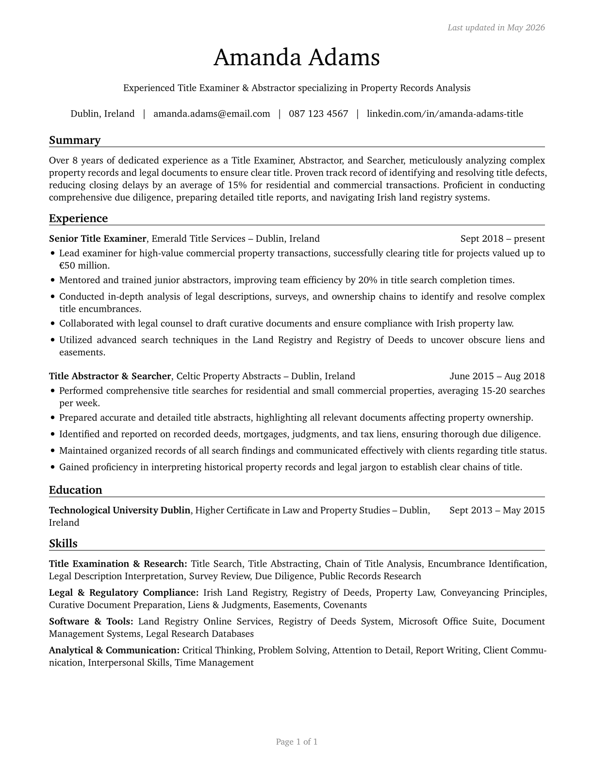Title Examiners, Abstractors, and Searchers CV in English — page 1