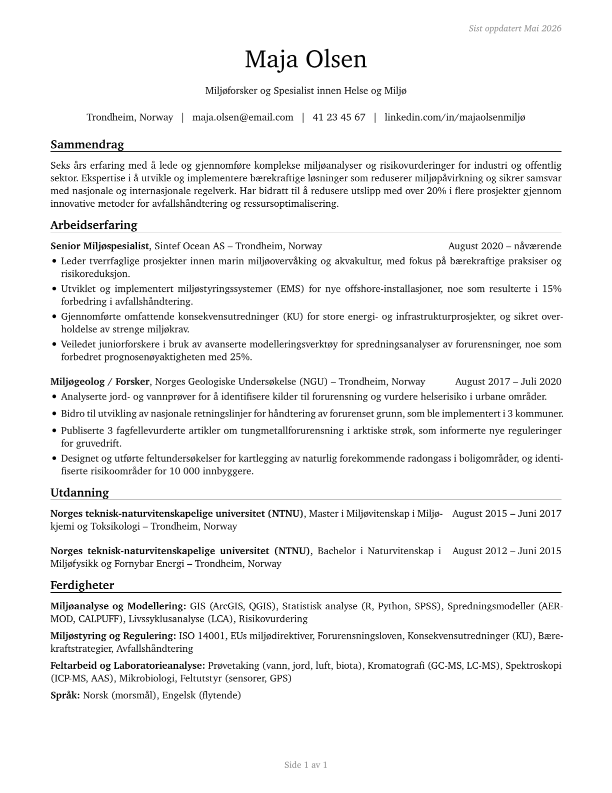 Environmental Scientists and Specialists, Including Health CV in Norwegian_bokmal — page 1