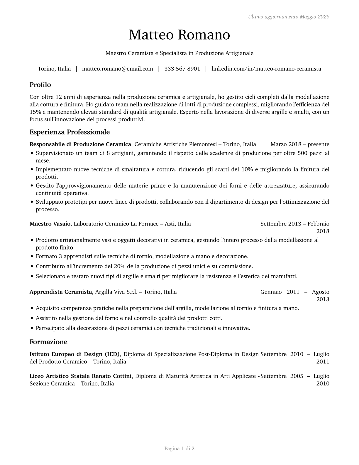 Potters, Manufacturing CV in Italian — page 1