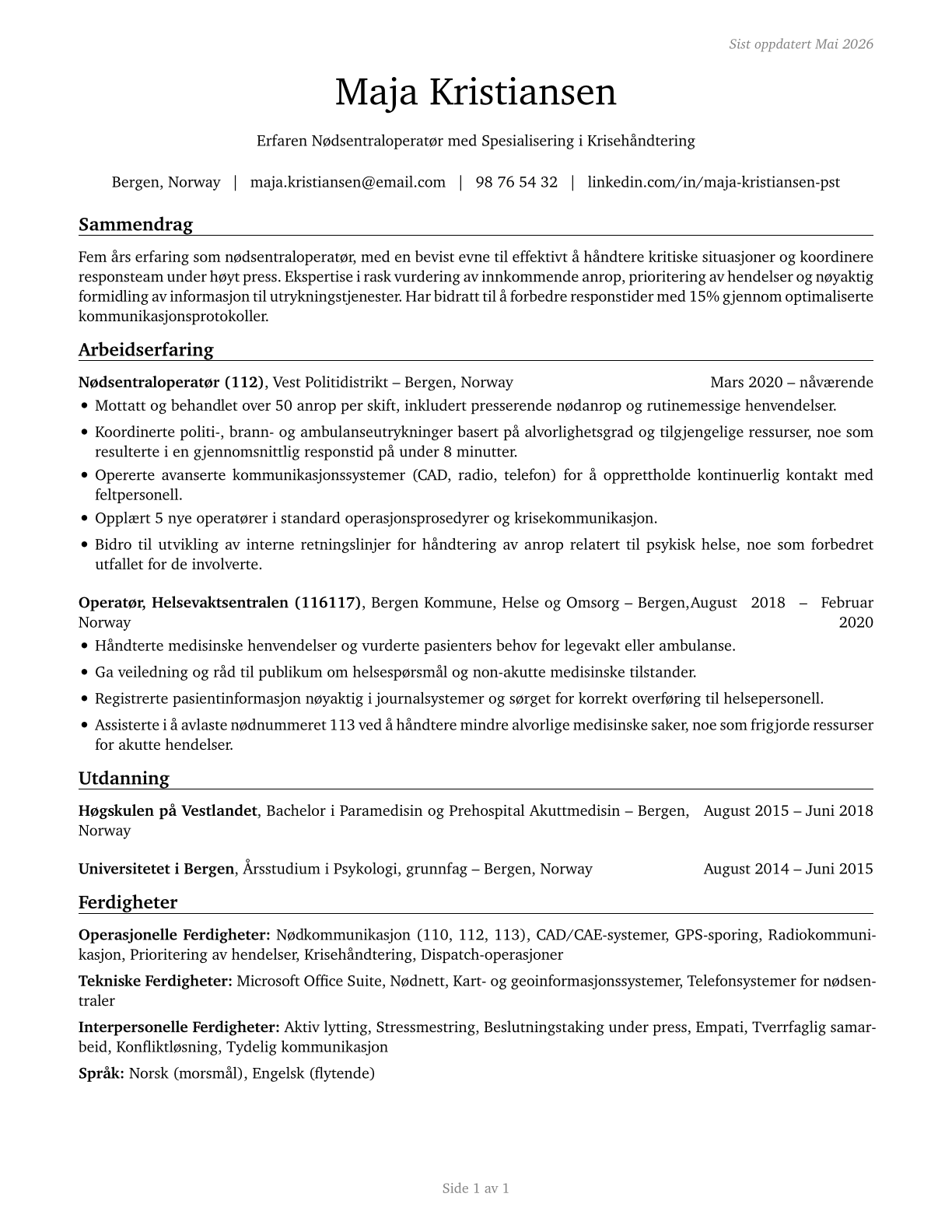 Public Safety Telecommunicators CV in Norwegian_bokmal — page 1