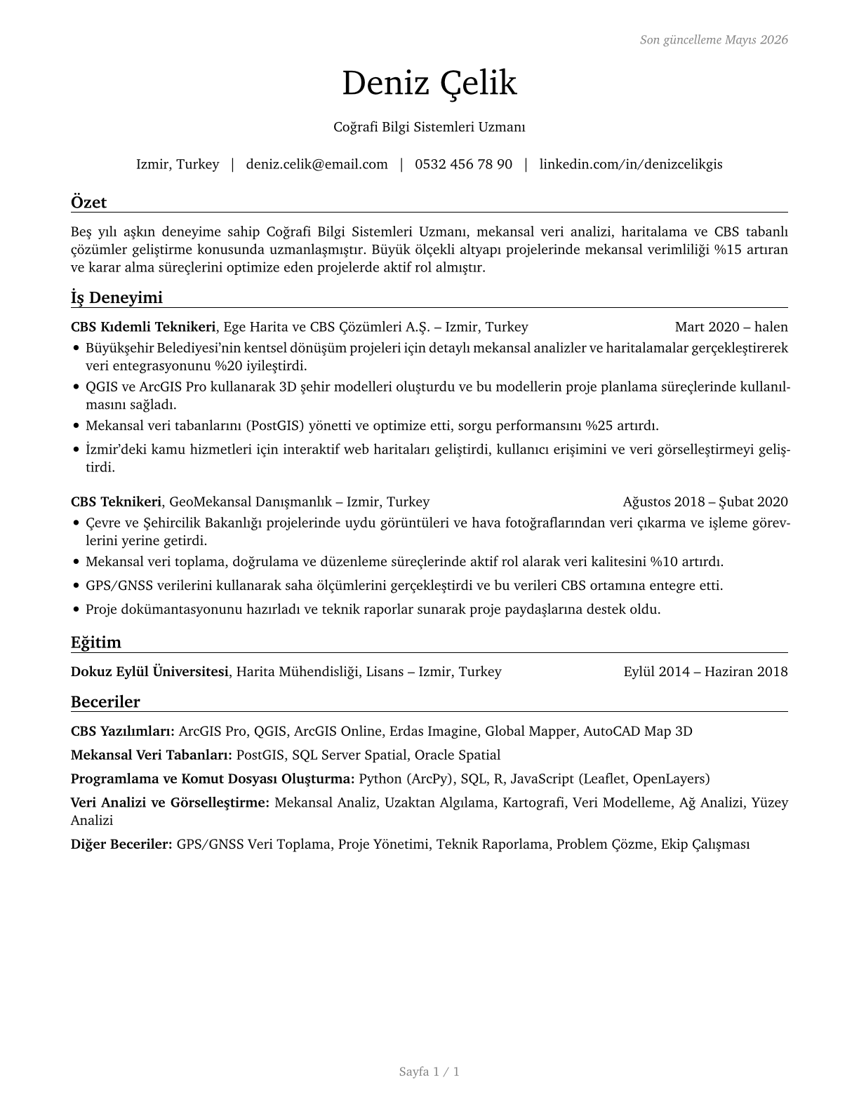 Geographic Information Systems Technologists and Technicians CV in Turkish — page 1