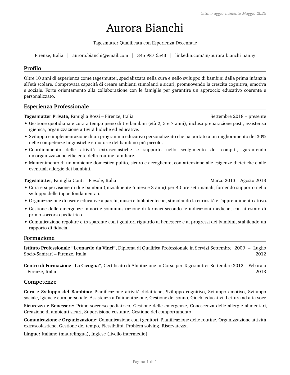 Nannies CV in Italian — page 1