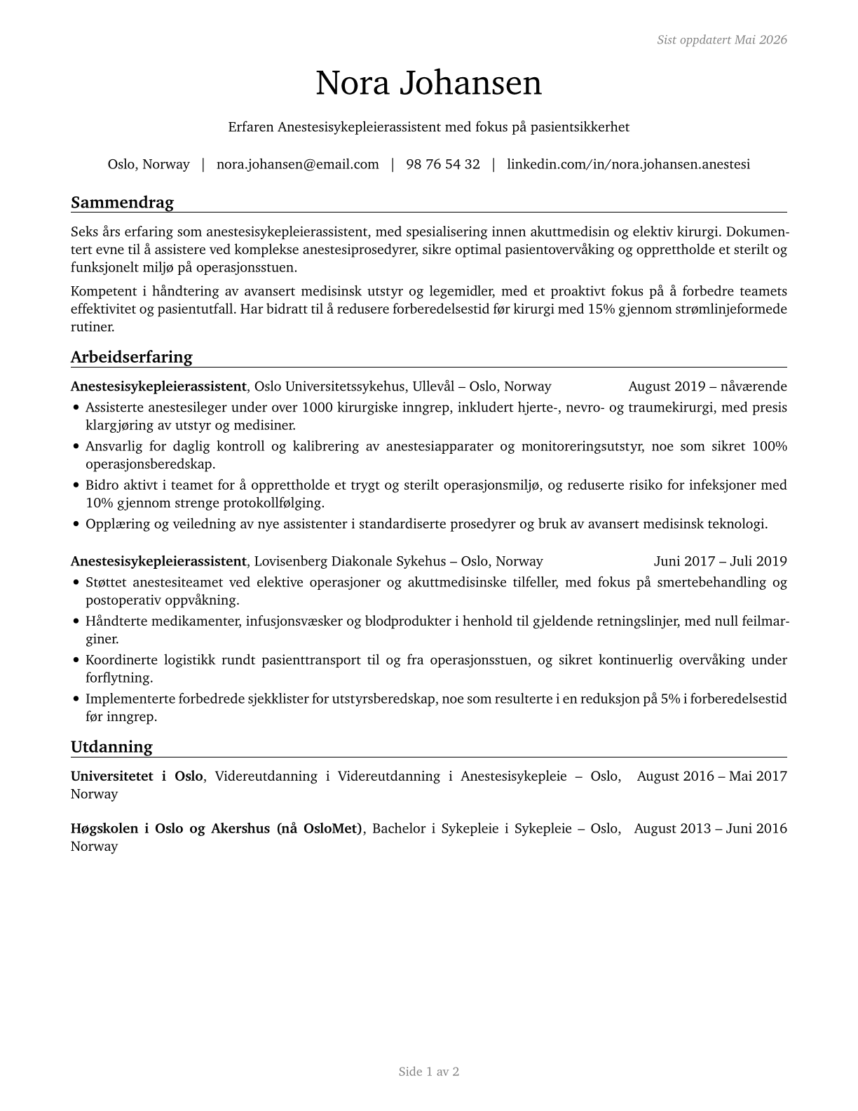 Anesthesiologist Assistants CV in Norwegian_bokmal — page 1