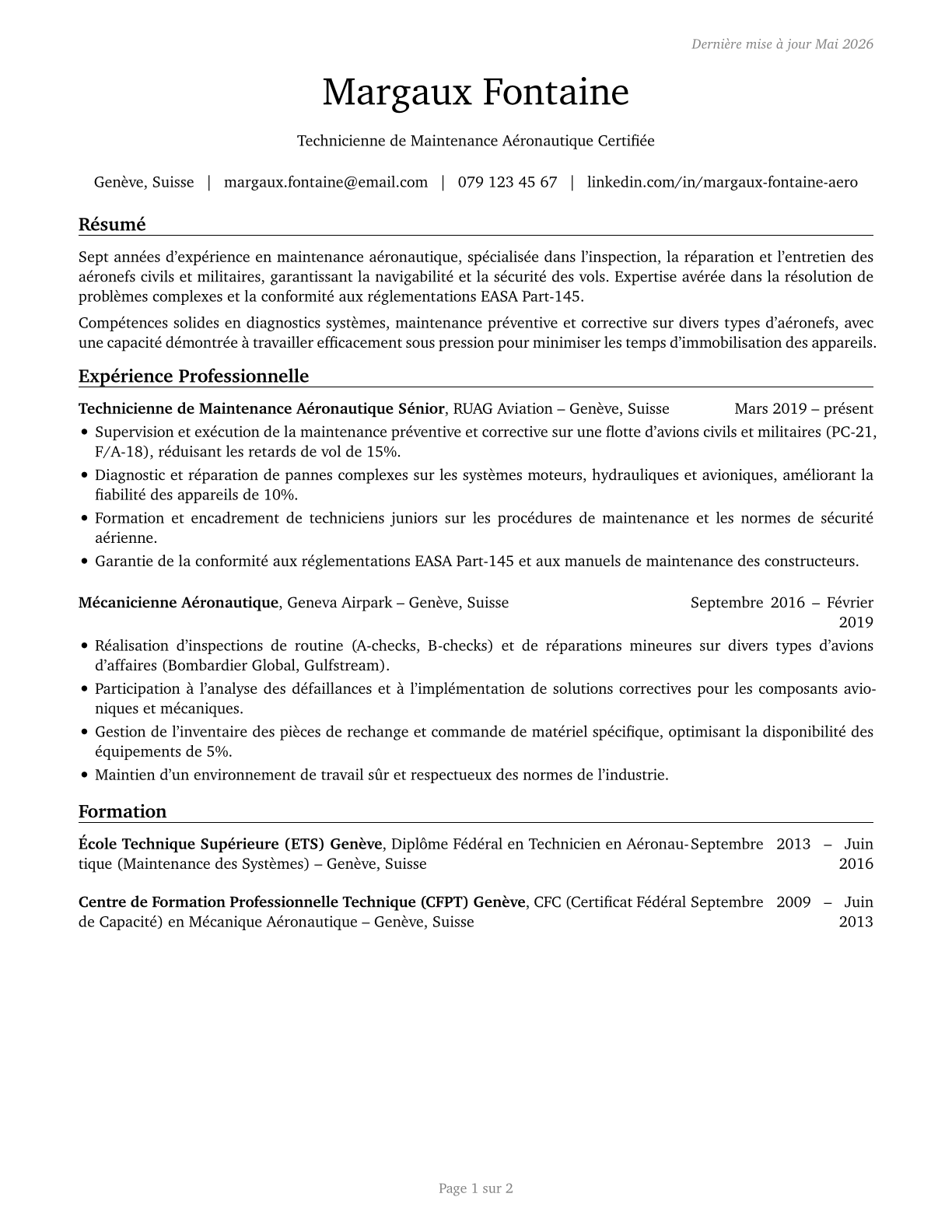 Aircraft Mechanics and Service Technicians CV in French — page 1
