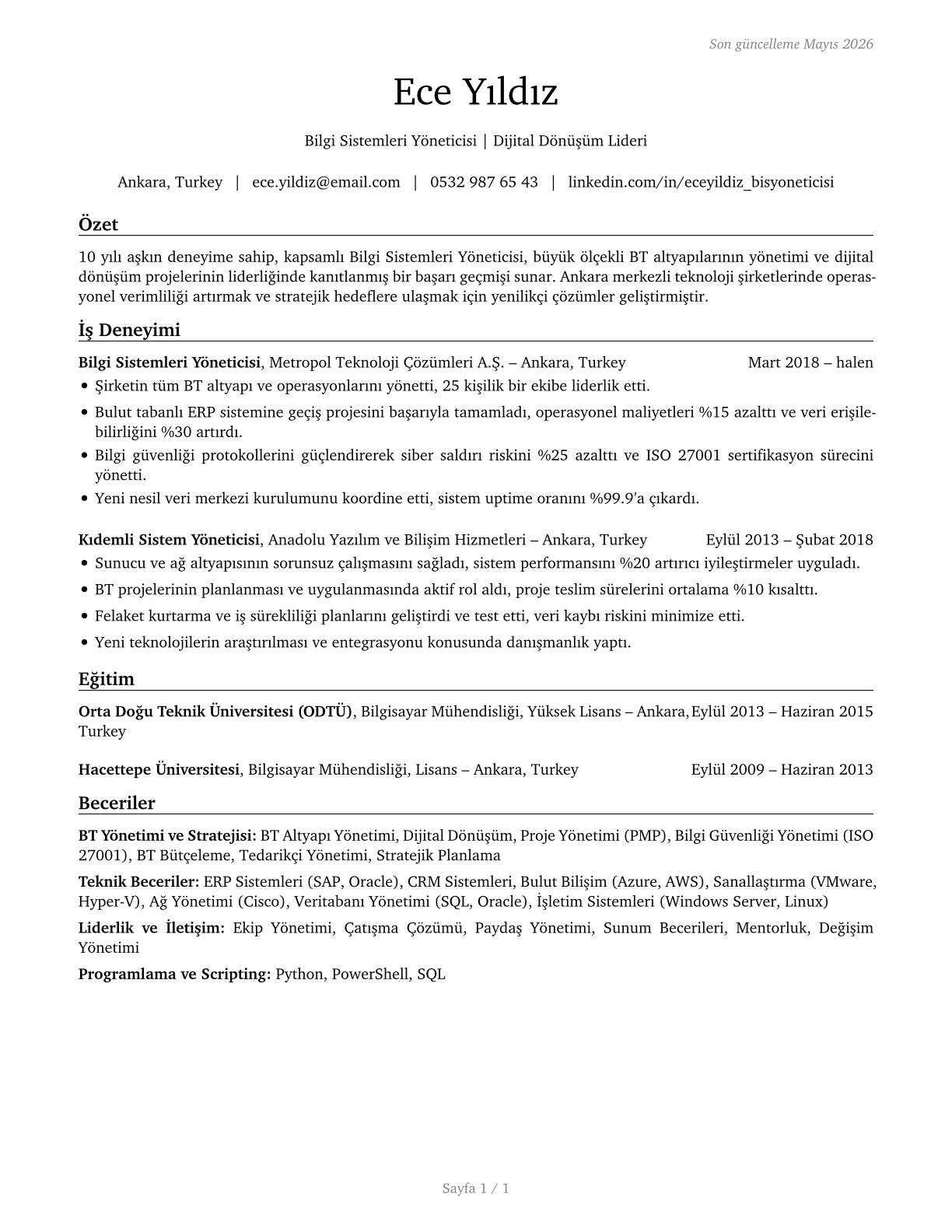 Computer and Information Systems Managers CV in Turkish — page 1