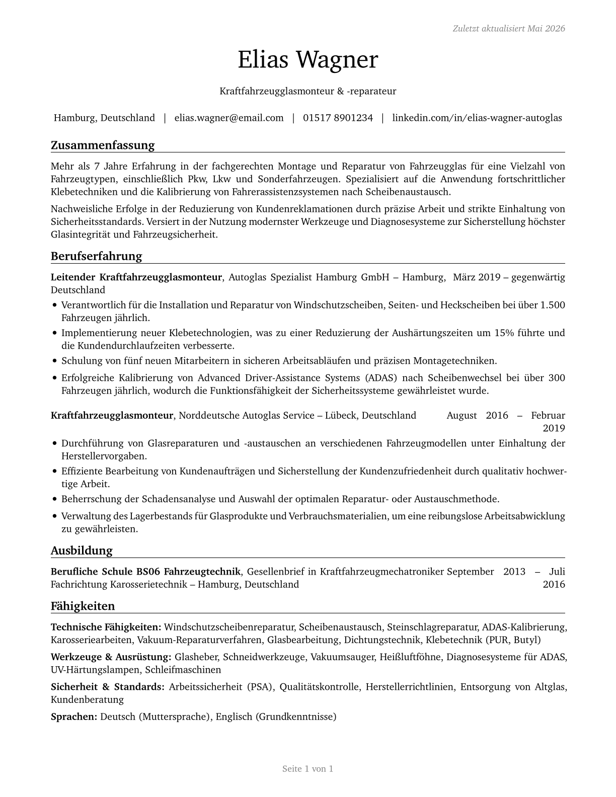Automotive Glass Installers and Repairers CV in German — page 1