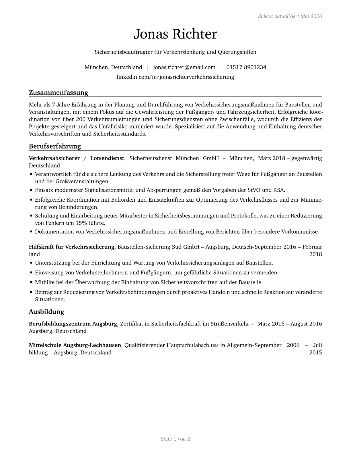 Crossing Guards and Flaggers CV in German — page 1