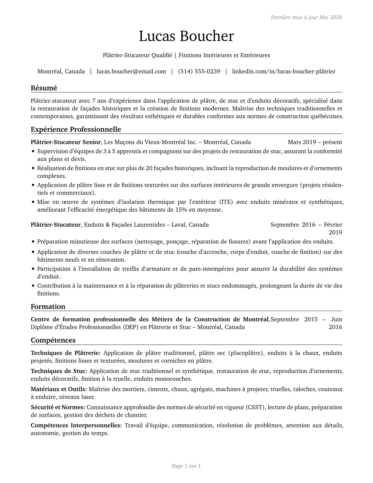 Plasterers and Stucco Masons CV in French — page 1