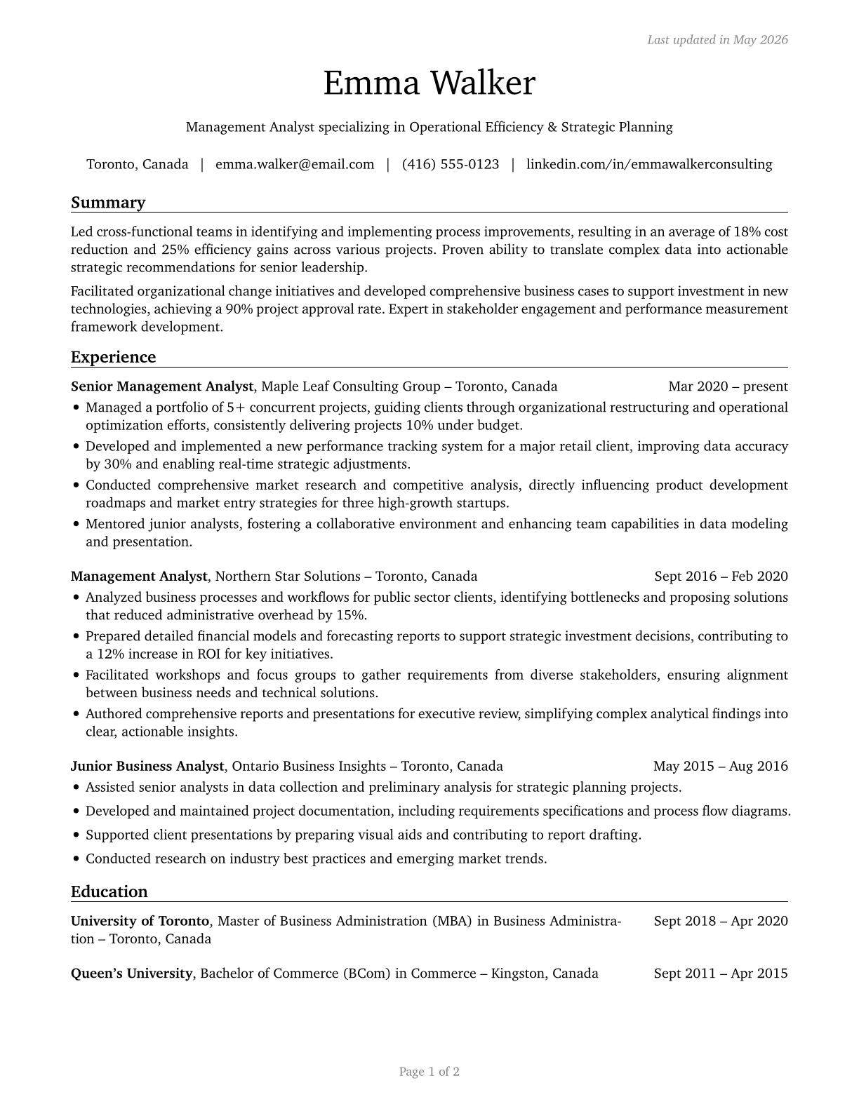 Management Analysts CV in English — page 1