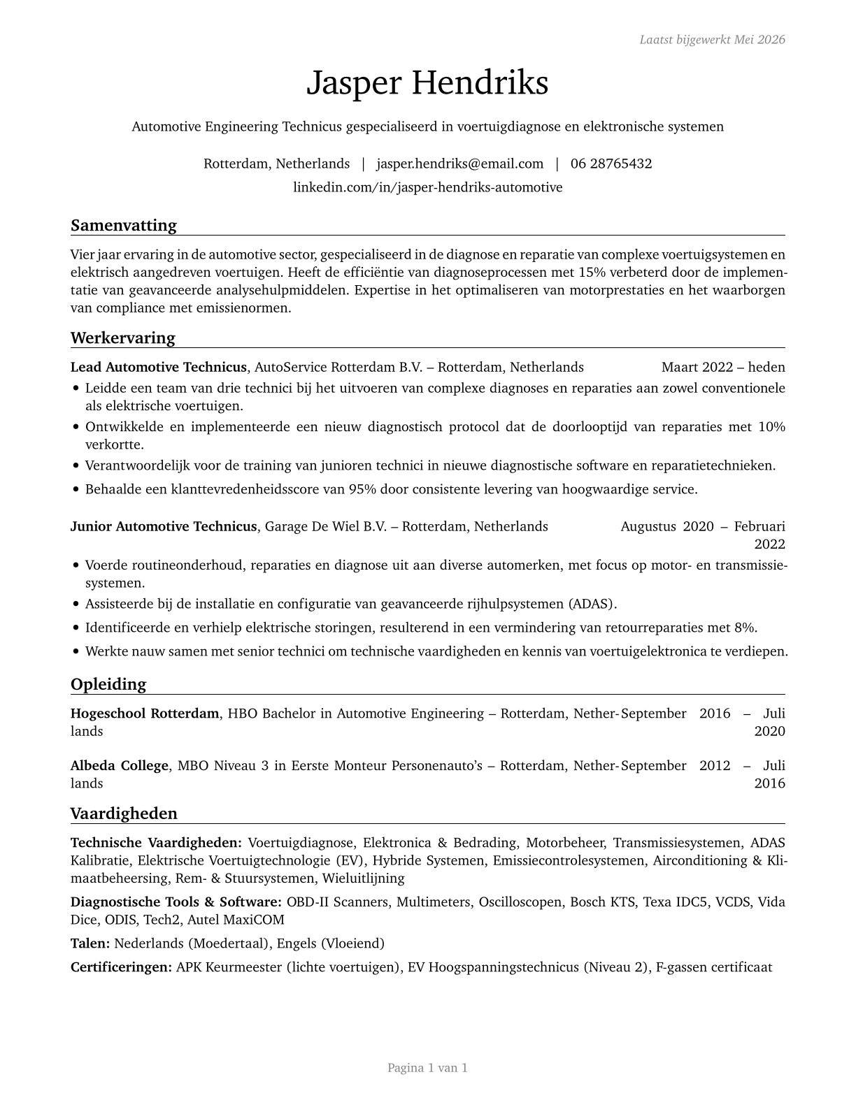 Automotive Engineering Technicians CV in Dutch — page 1