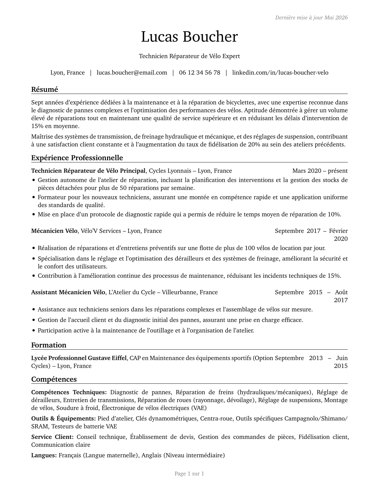 Bicycle Repairers CV in French — page 1