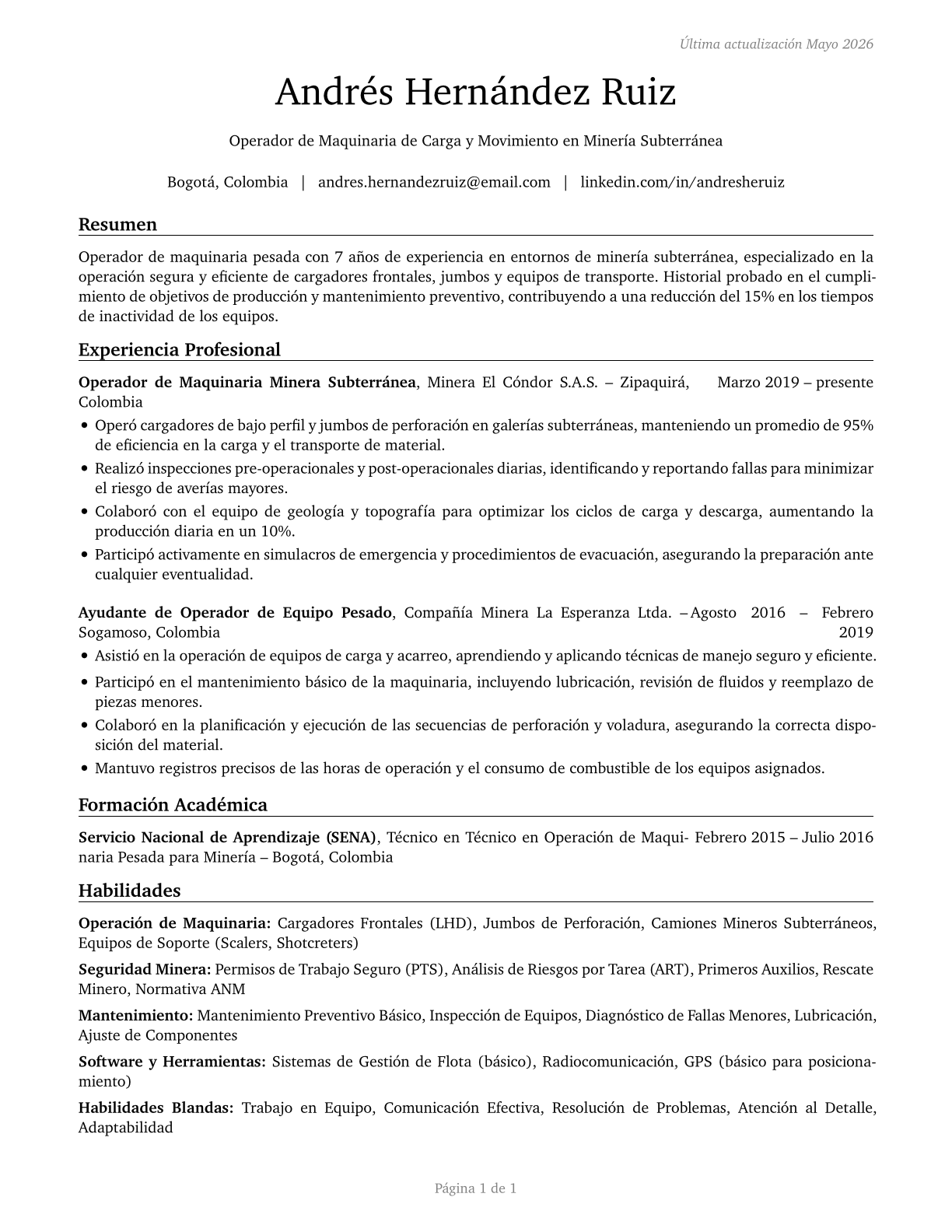 Loading and Moving Machine Operators, Underground Mining CV in Spanish — page 1