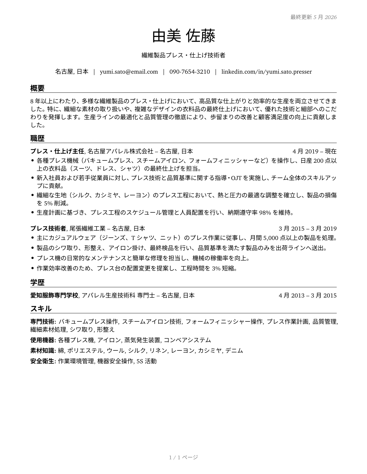 Pressers, Textile, Garment, and Related Materials CV in Japanese — page 1