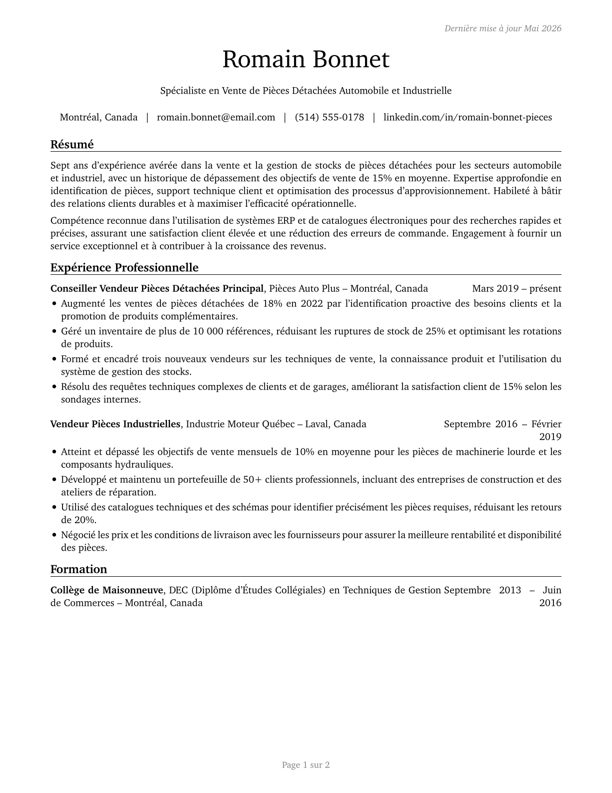 Parts Salespersons CV in French — page 1