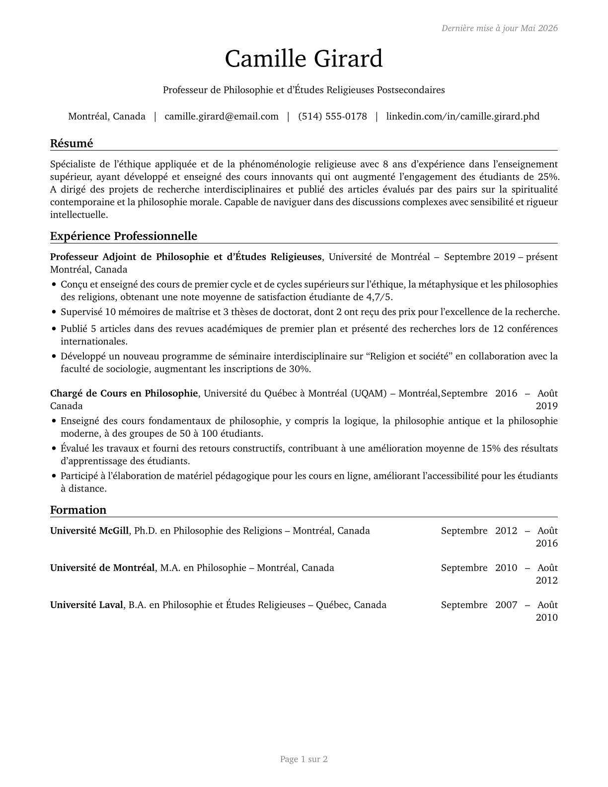Philosophy and Religion Teachers, Postsecondary CV in French — page 1