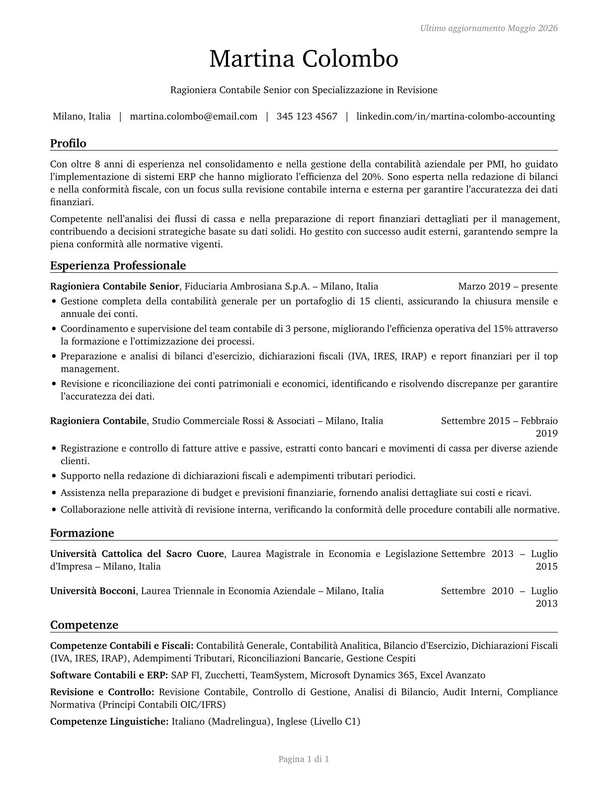 Bookkeeping, Accounting, and Auditing Clerks CV in Italian — page 1
