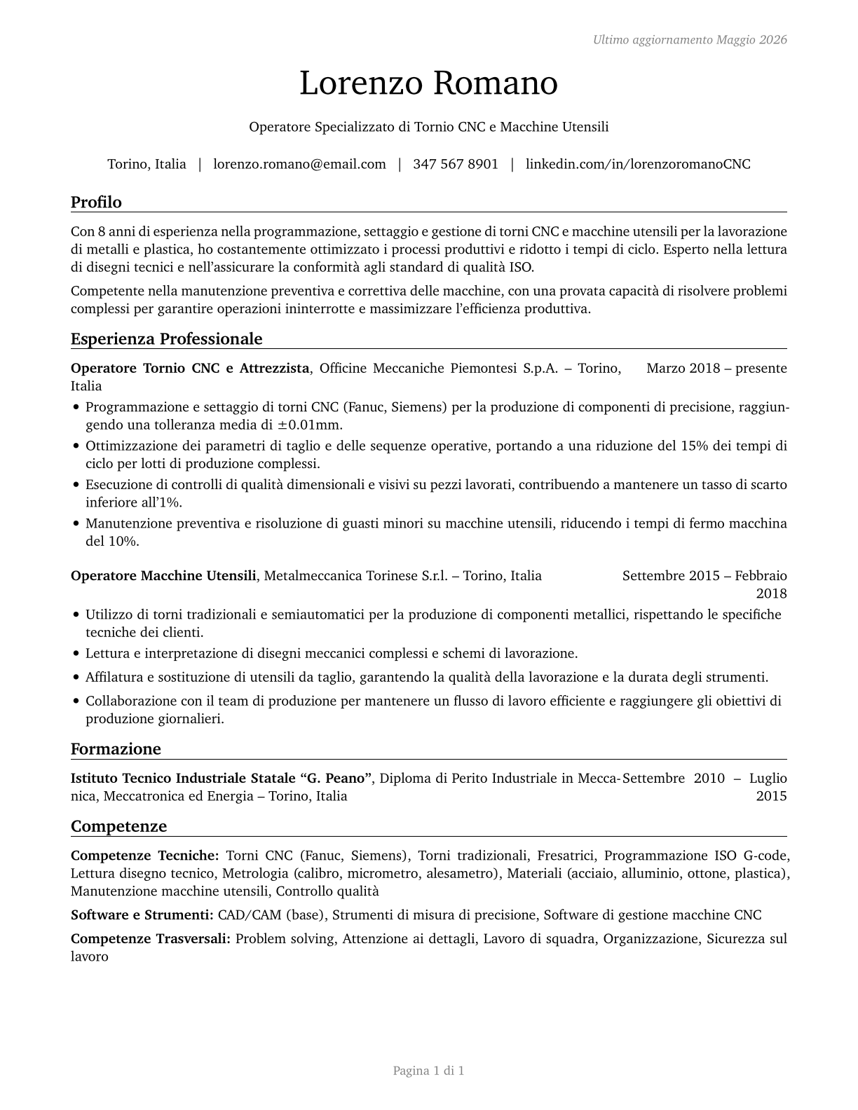 Lathe and Turning Machine Tool Setters, Operators, and Tenders, Metal and Plastic CV in Italian — page 1