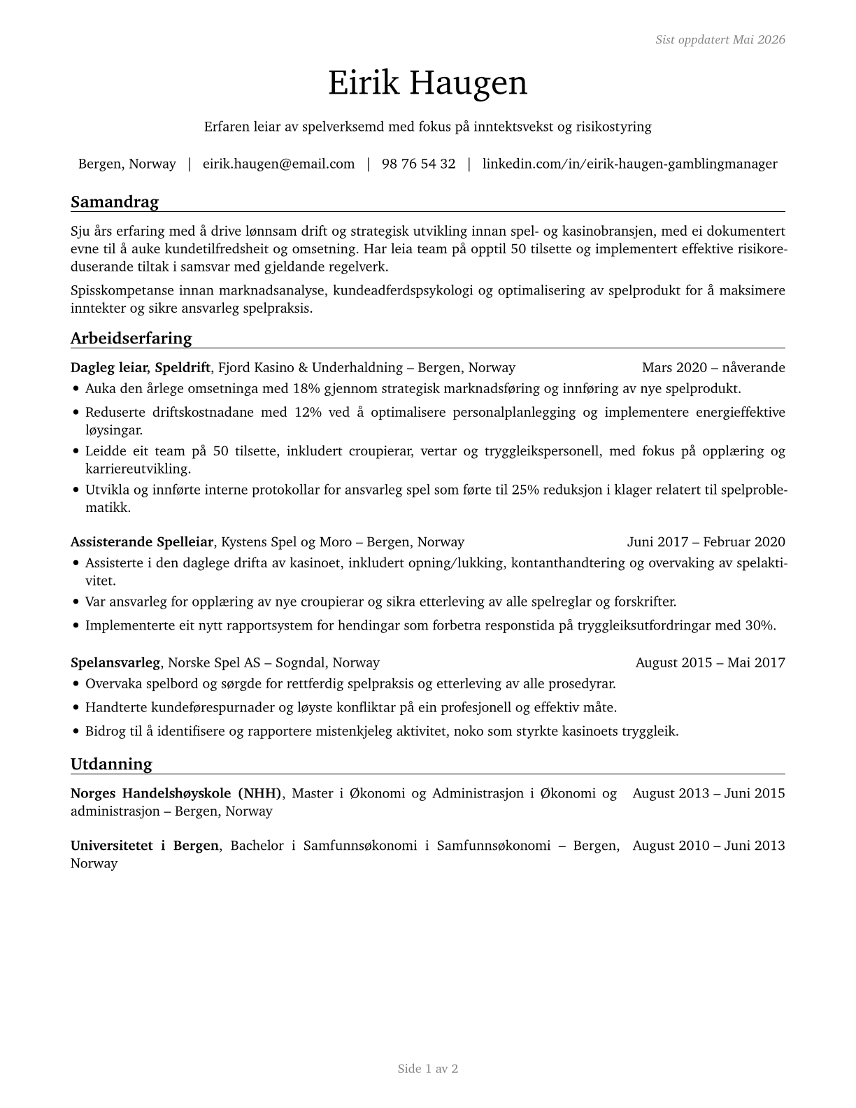 Gambling Managers CV in Norwegian_nynorsk — page 1