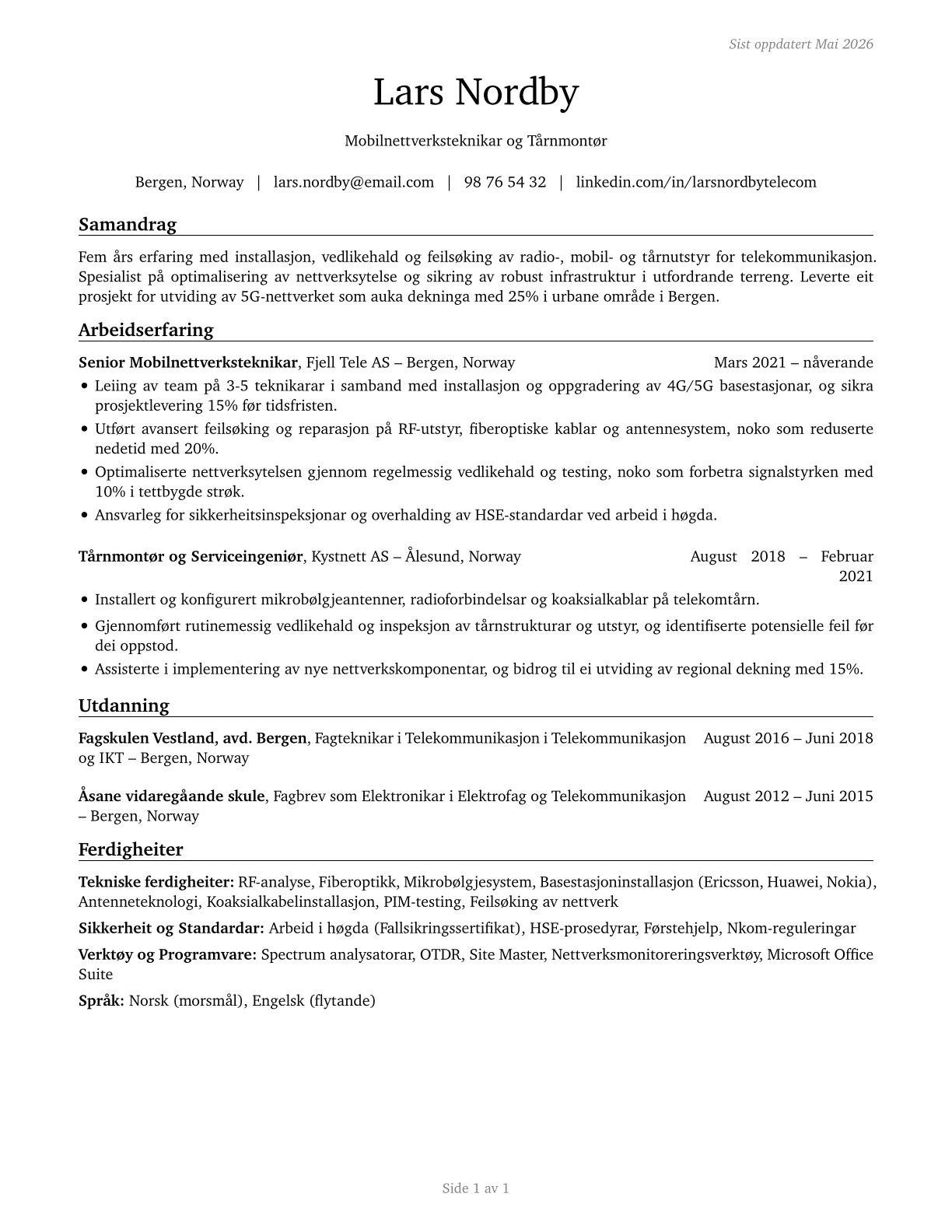 Radio, Cellular, and Tower Equipment Installers and Repairers CV in Norwegian_nynorsk — page 1