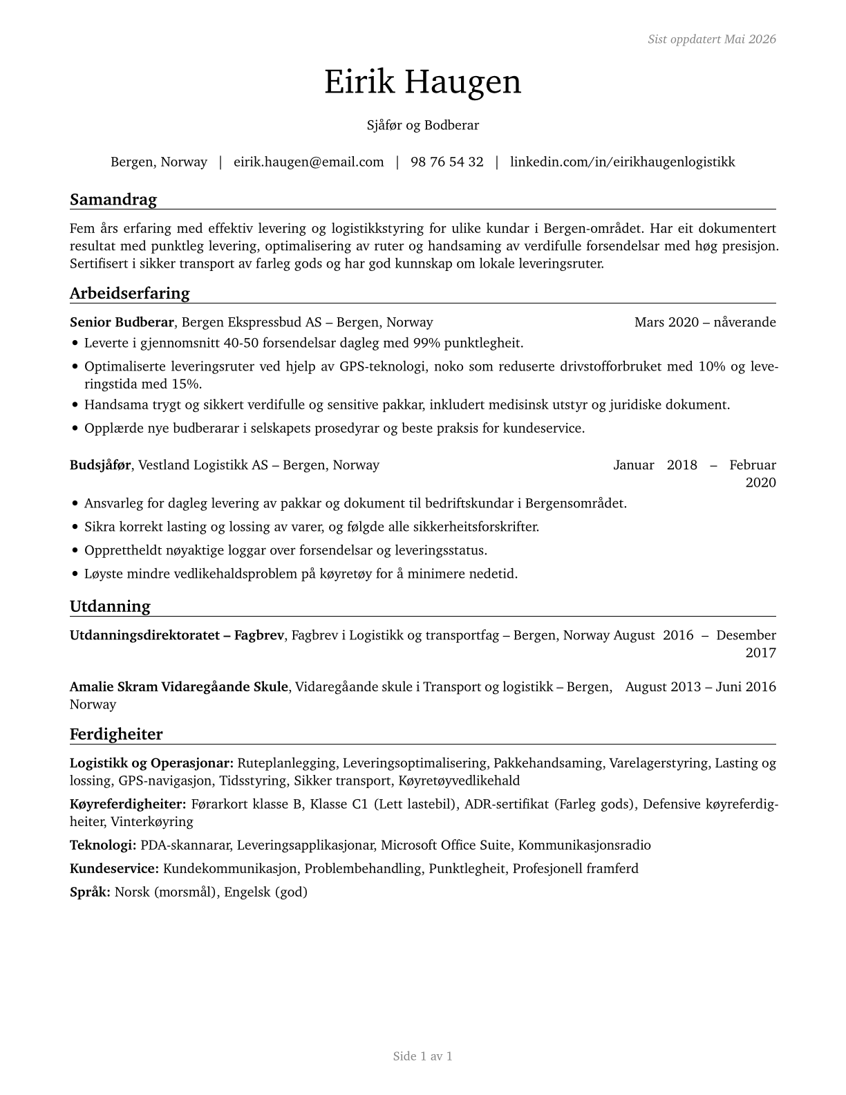 Couriers and Messengers CV in Norwegian_nynorsk — page 1