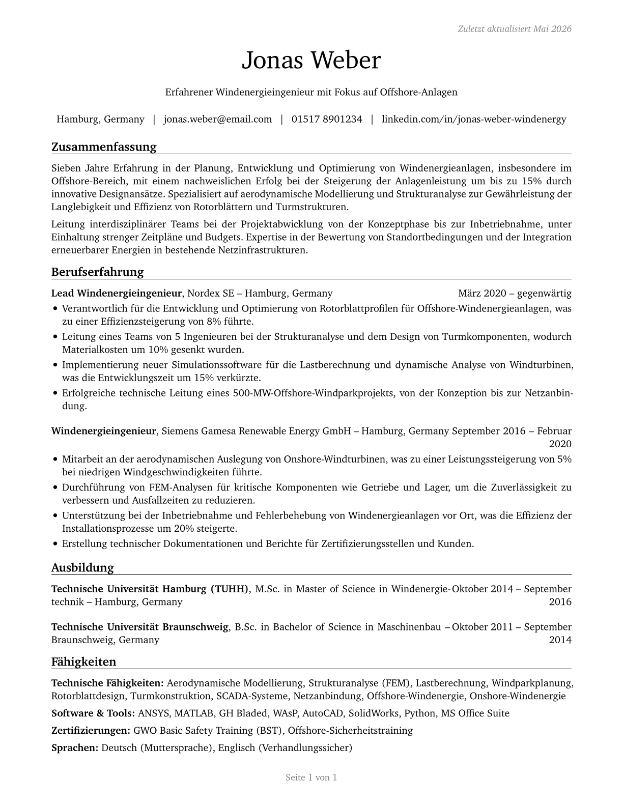 Wind Energy Engineers CV in German — page 1