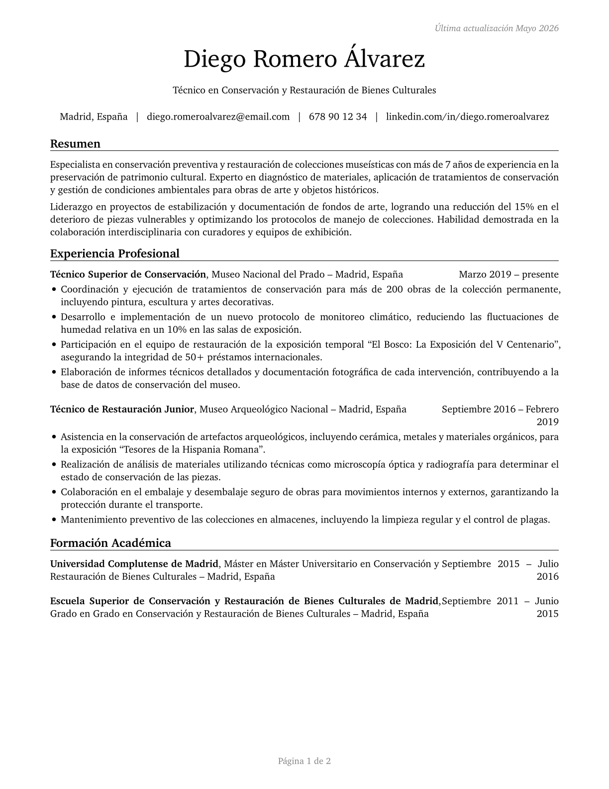 Museum Technicians and Conservators CV in Spanish — page 1