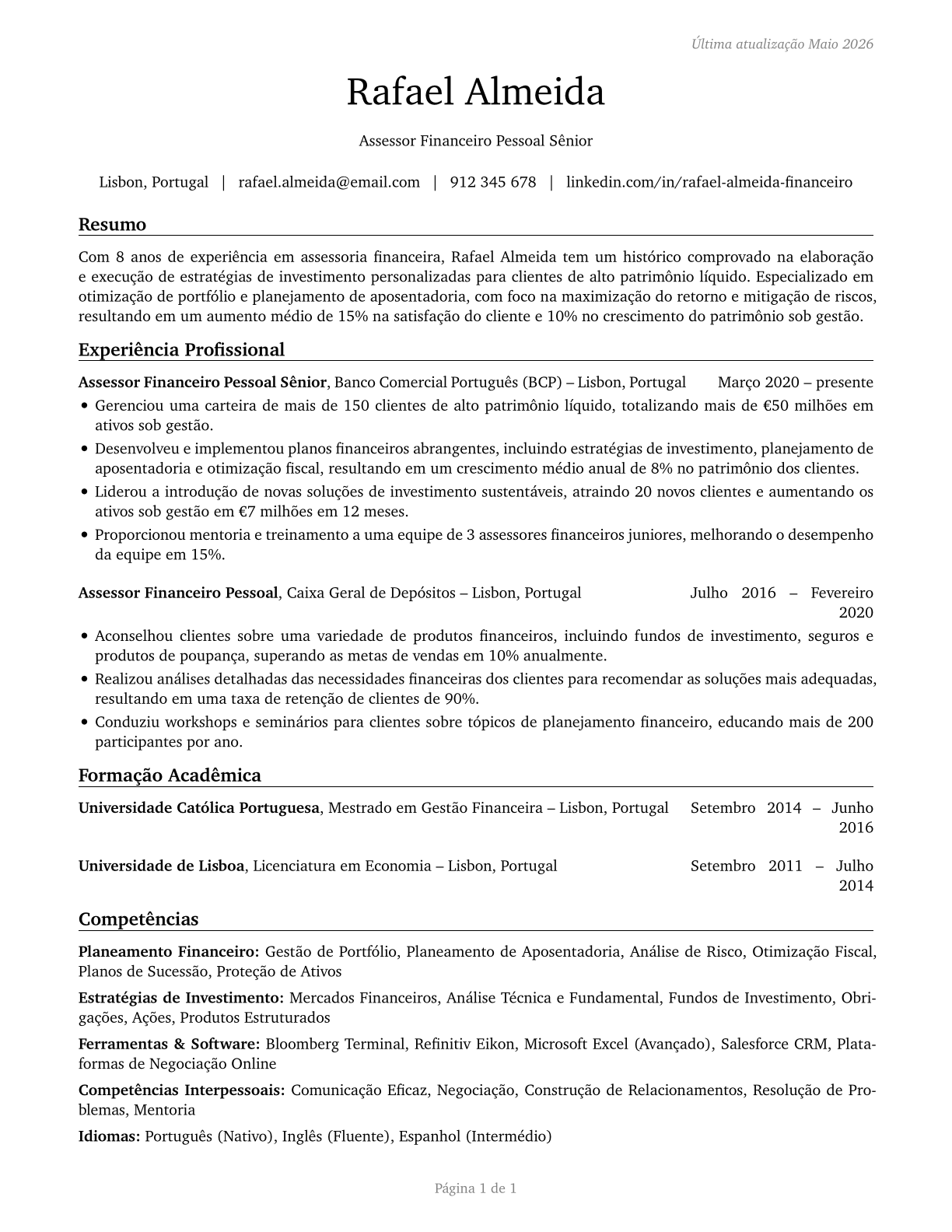 Personal Financial Advisors CV in Portuguese — page 1
