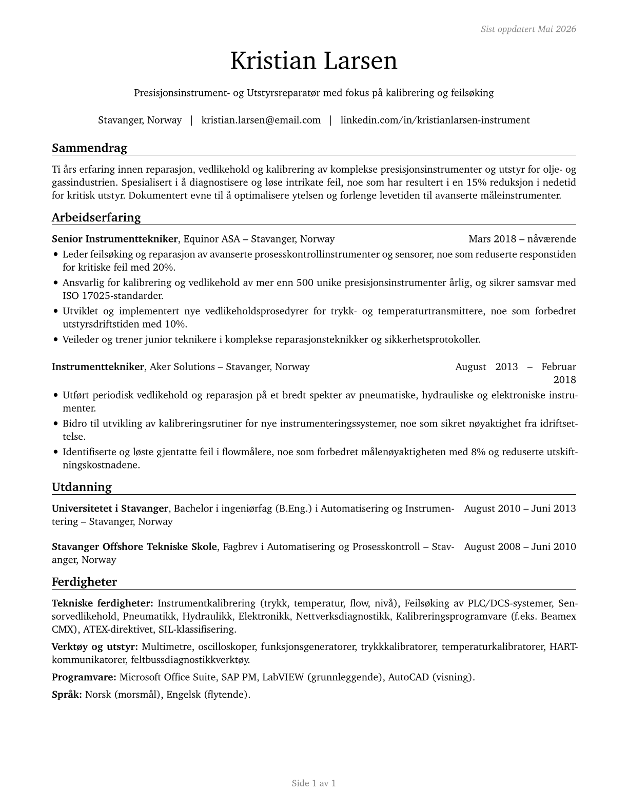 Precision Instrument and Equipment Repairers, All Other CV in Norwegian_bokmal — page 1