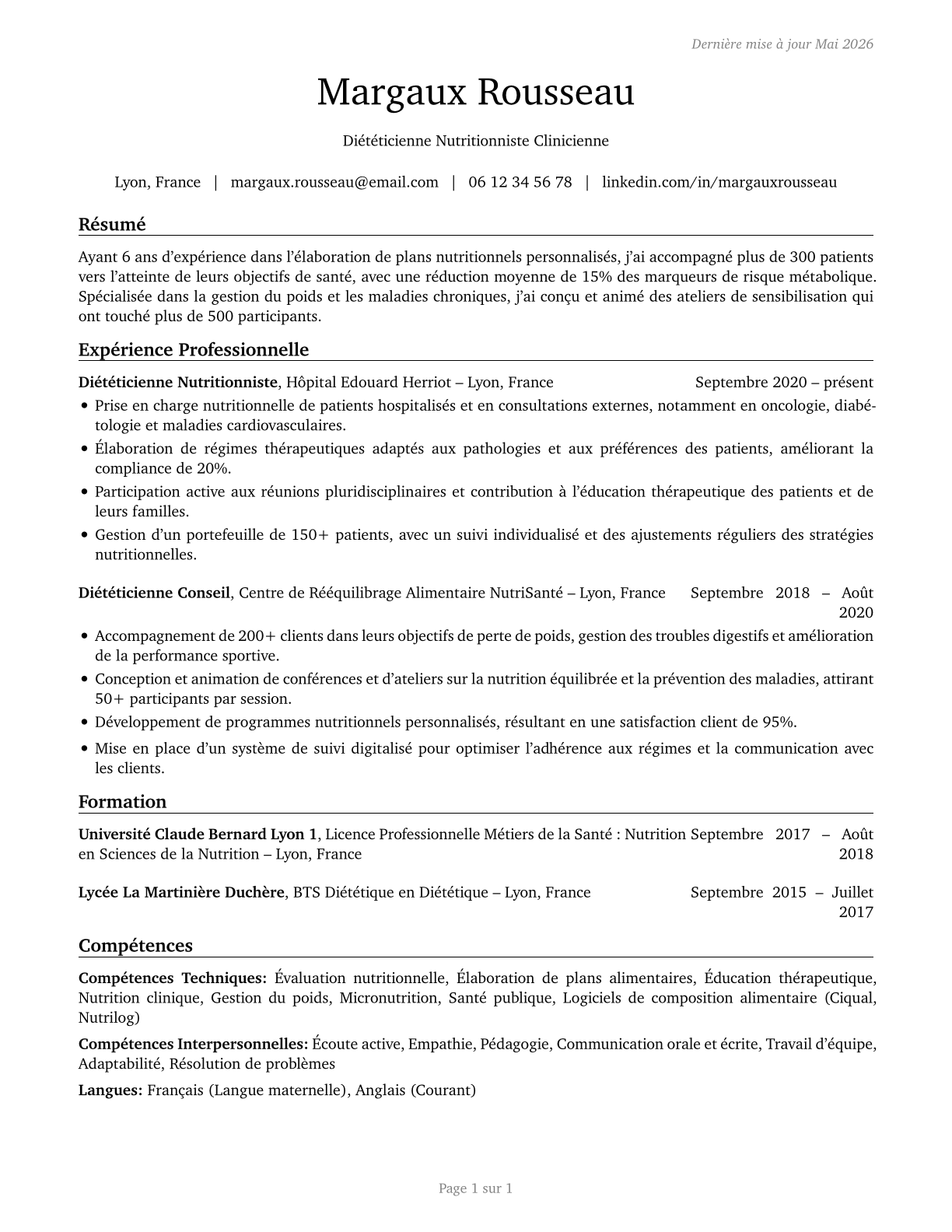 Dietitians and Nutritionists CV in French — page 1