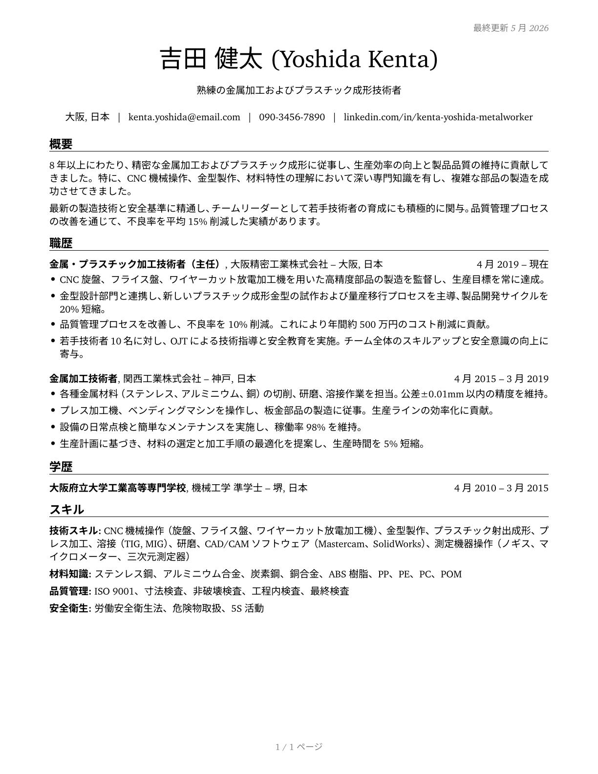Metal Workers and Plastic Workers, All Other CV in Japanese — page 1