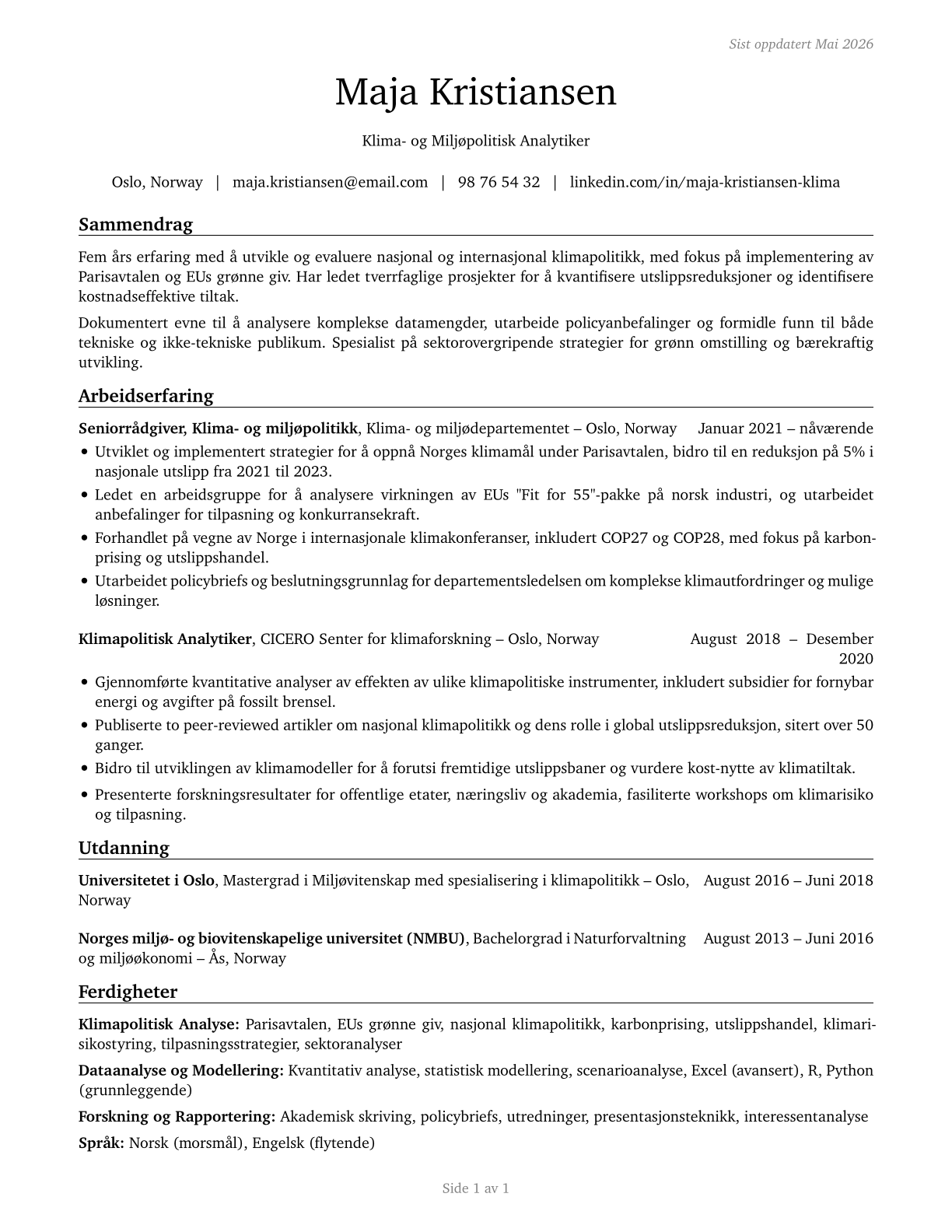 Climate Change Policy Analysts CV in Norwegian_bokmal — page 1