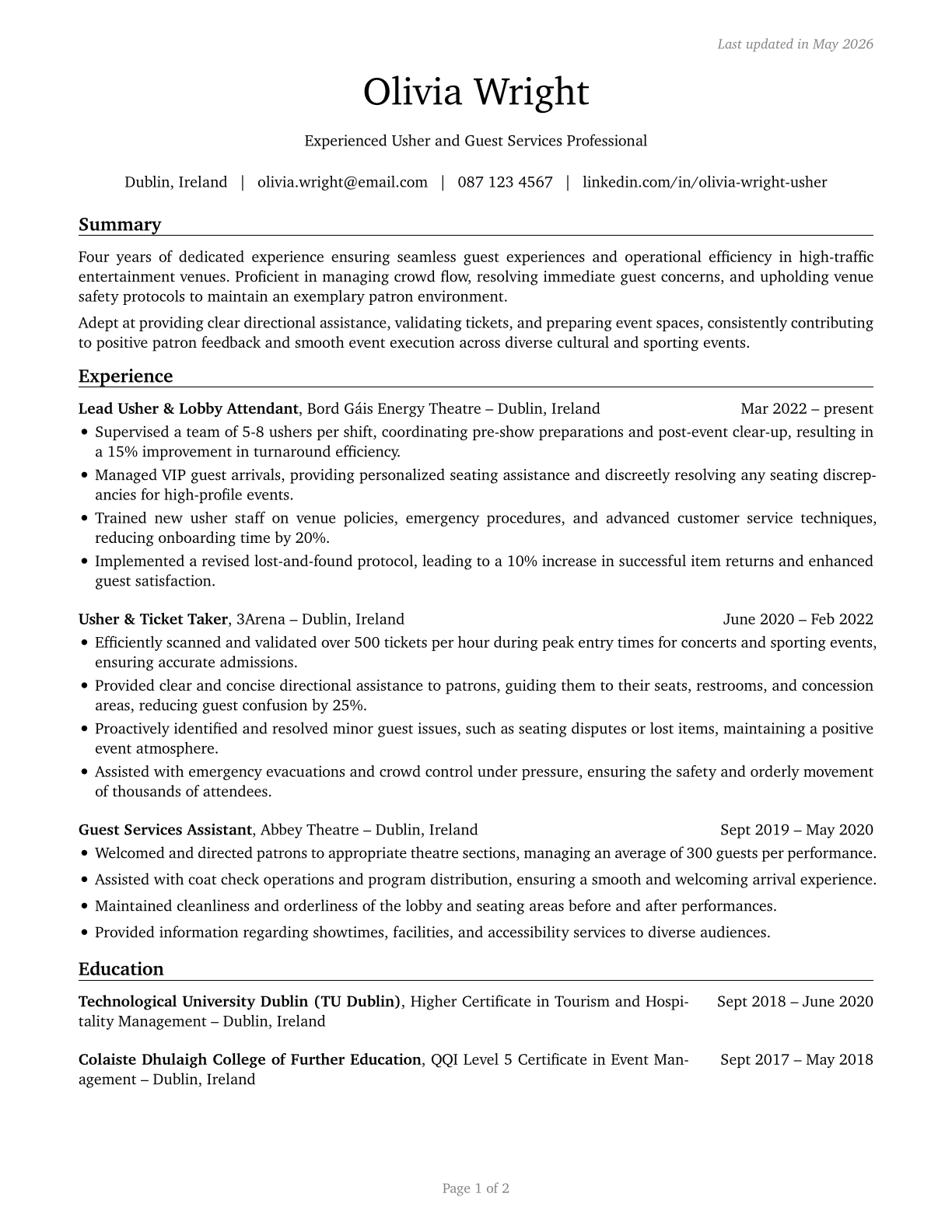 Ushers, Lobby Attendants, and Ticket Takers CV in English — page 1