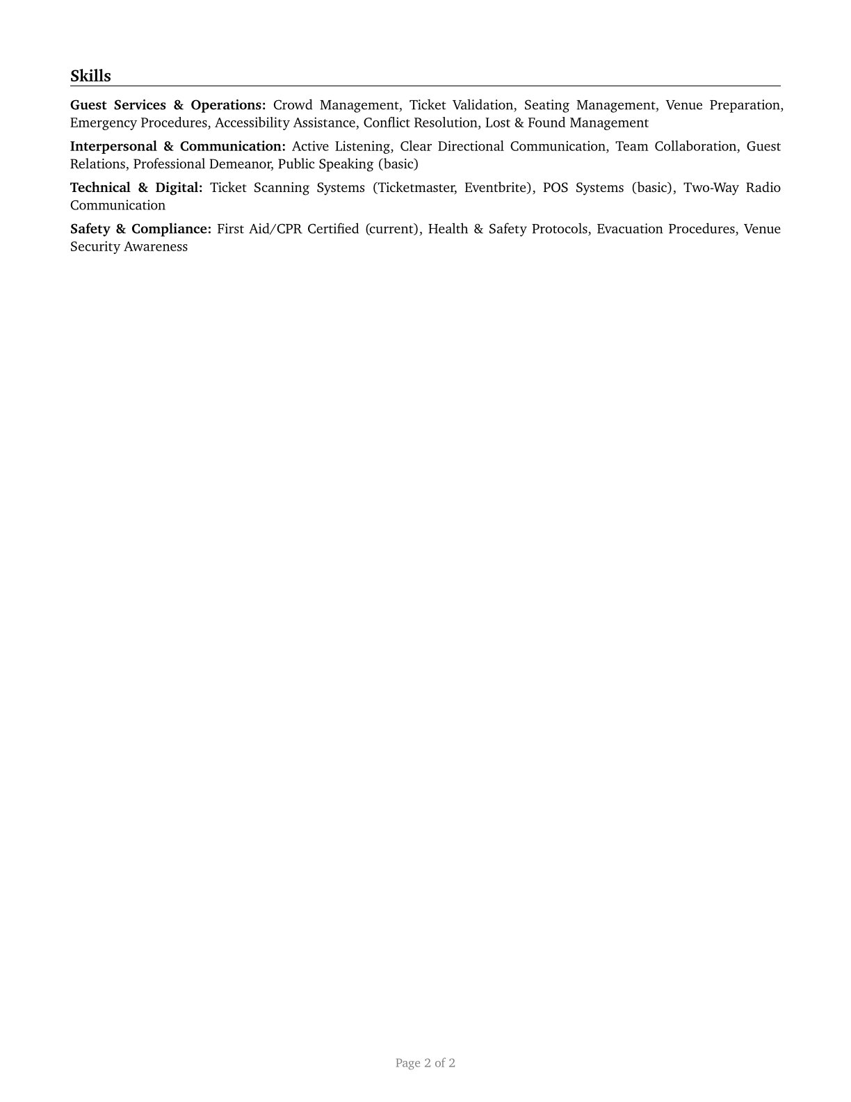 Ushers, Lobby Attendants, and Ticket Takers CV in English — page 2