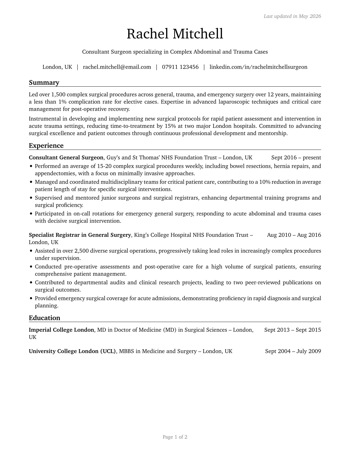 Surgeons, All Other CV in English — page 1